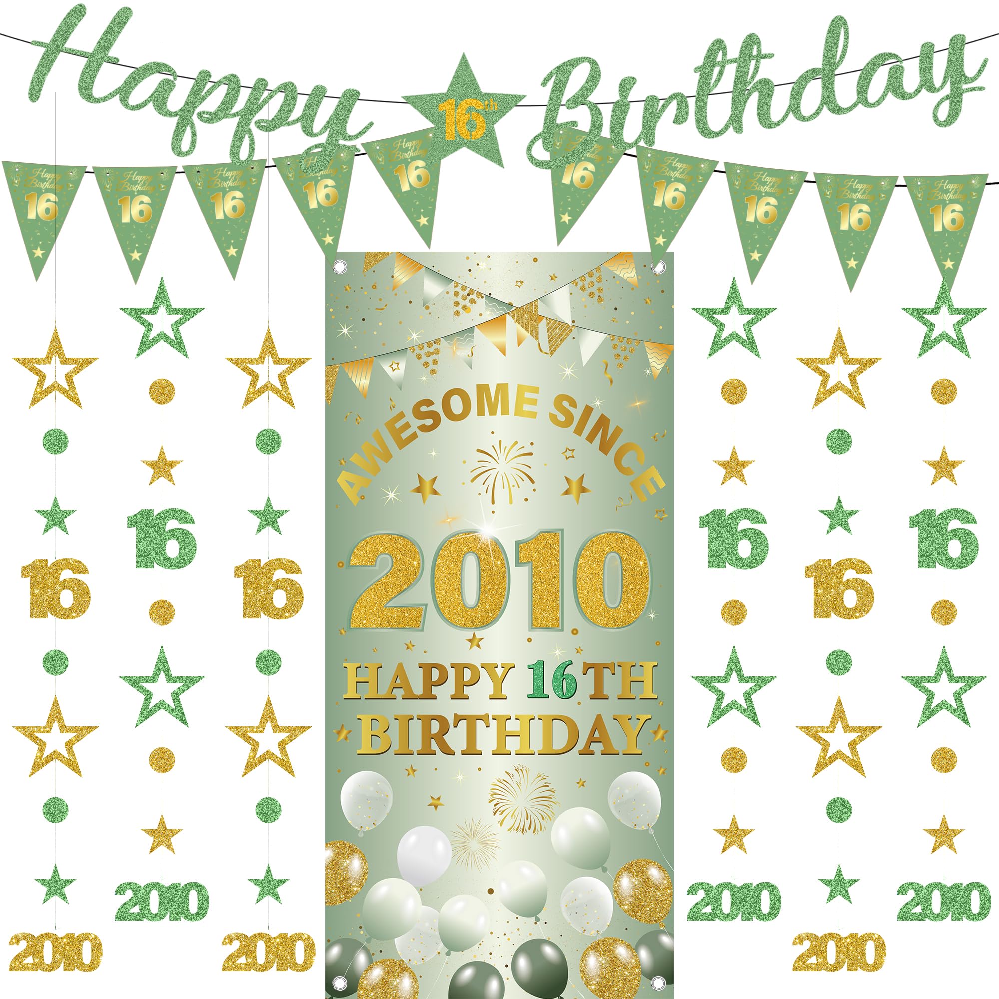 16th Birthday Decorations Girls Banners - 9 Pcs Green Gold Happy Birthday Banner Awesome Since 2010 Curtain Twinkle Star Dot Hanging Streamer Pennant for Girl 16 Years Old Party Wall Decor Supplies