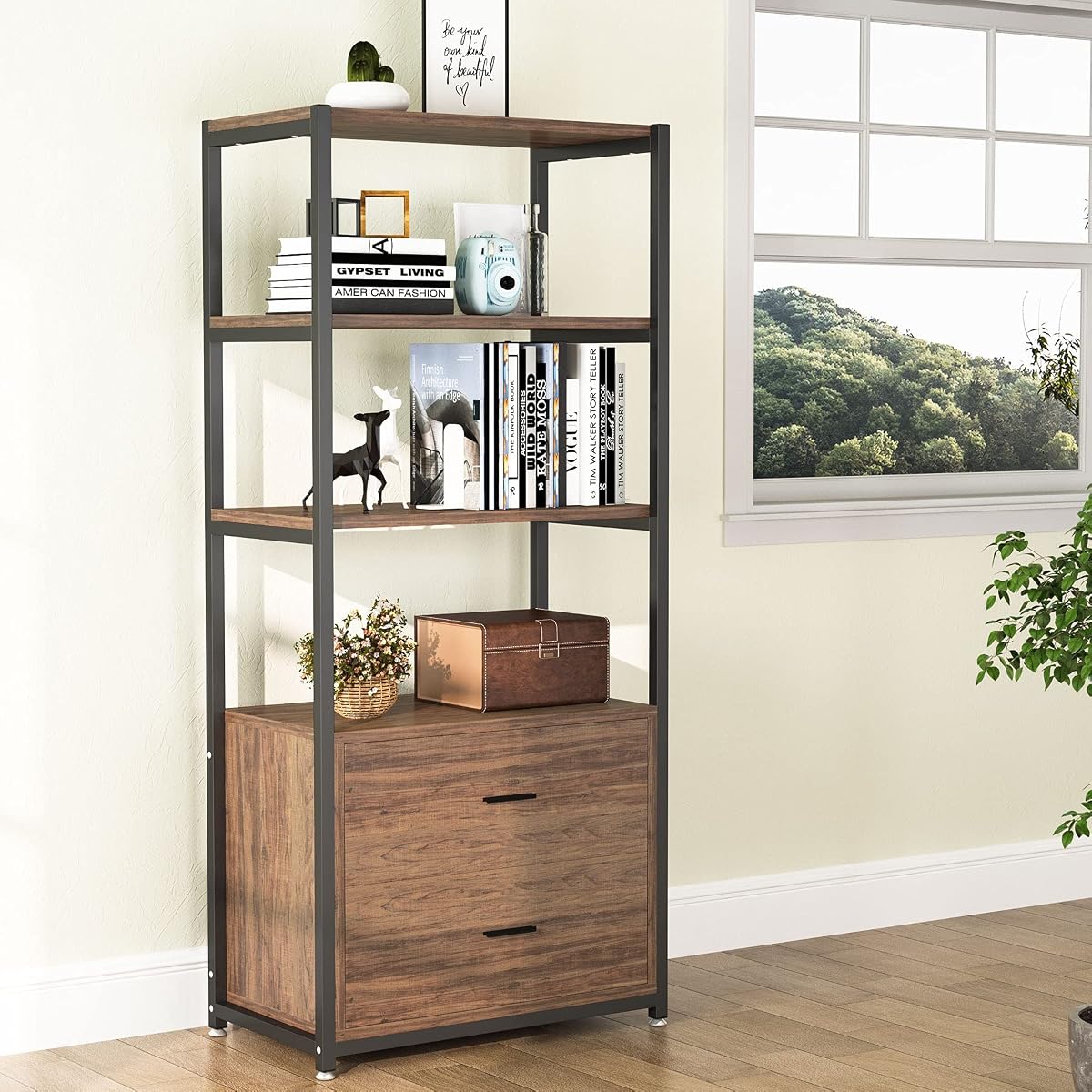Tribesigns Bookshelf, Rustic Etagere Bookcase with Drawers, Vintage Industrial Display Book Shelf for Home Office (Rustic)