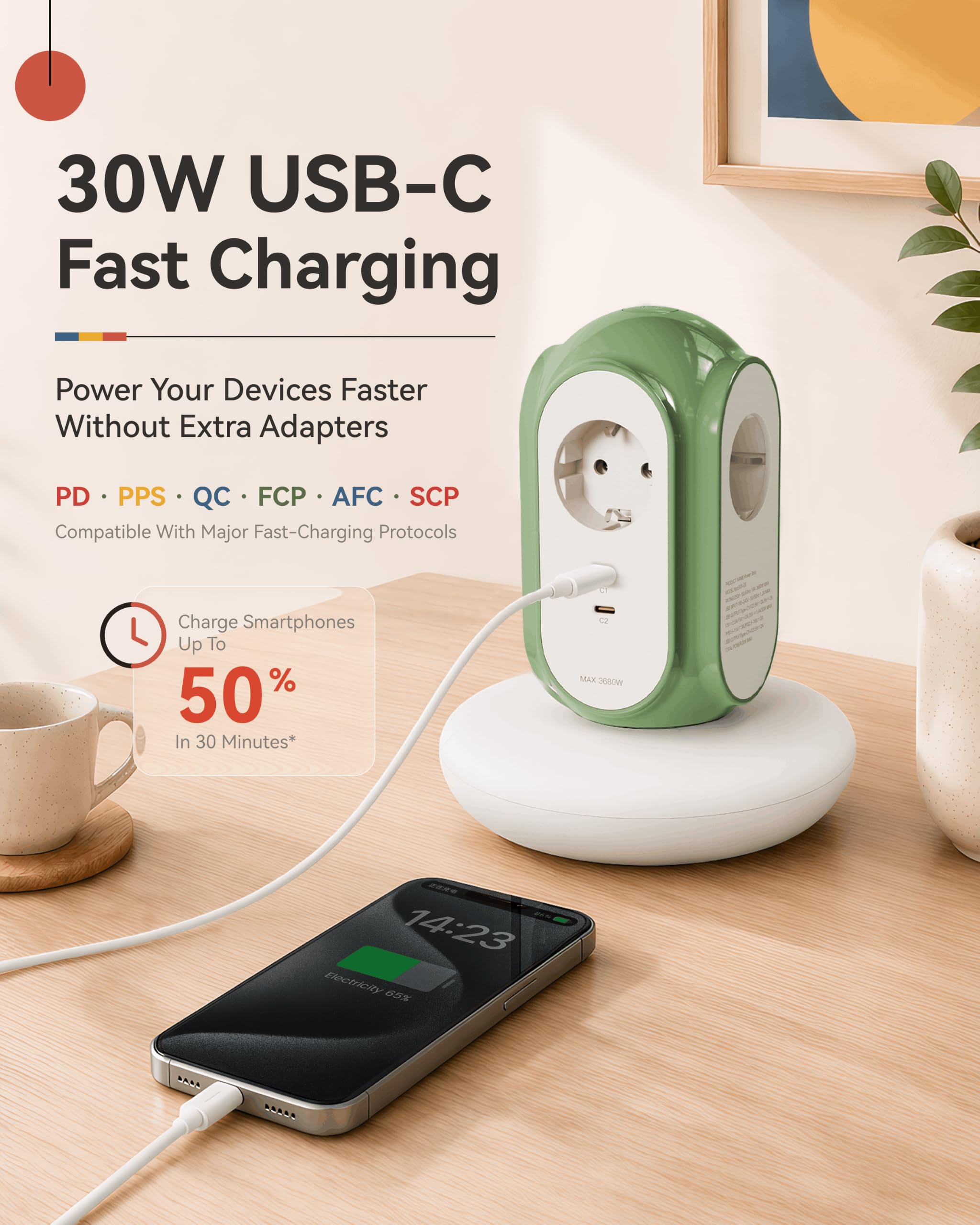 MiaoLab Listwa zasilająca z 3 gniazdami wtykowymi i 2 USB-C (szybkie ładowanie 30 W), 3680 W/16 A, ochrona przed przepięciem 1420J, podstawa 479 g, przedłużacz 2 m, zabezpieczenie przed przeciążeniem