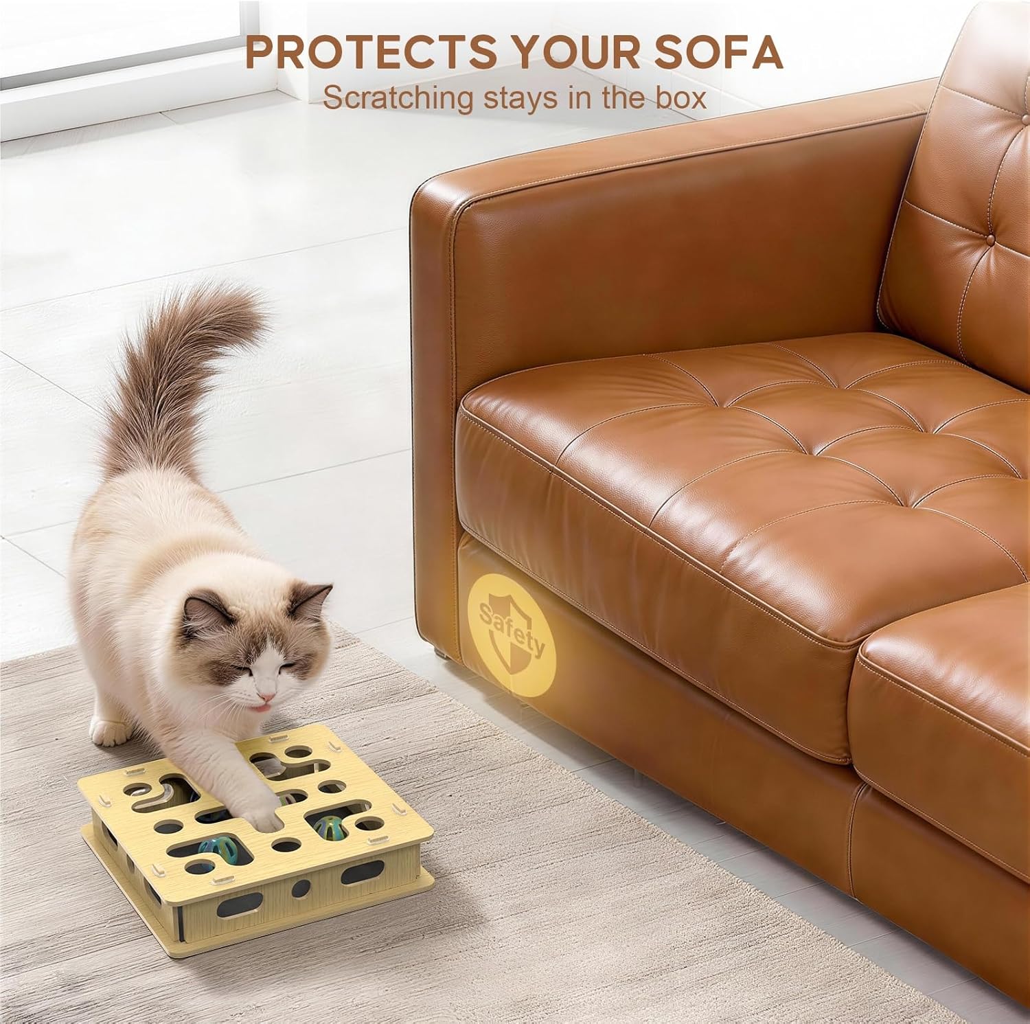 EIODEAR Cat Nail File Scratcher Box with 3 Sandpaper Pads & 4 Bell Balls, Sturdy Wood Cat Nail Scratcher to File Nails, Cat Toy Filer Toy for Treat-Motivated Cats, Included Silicone Security Rings