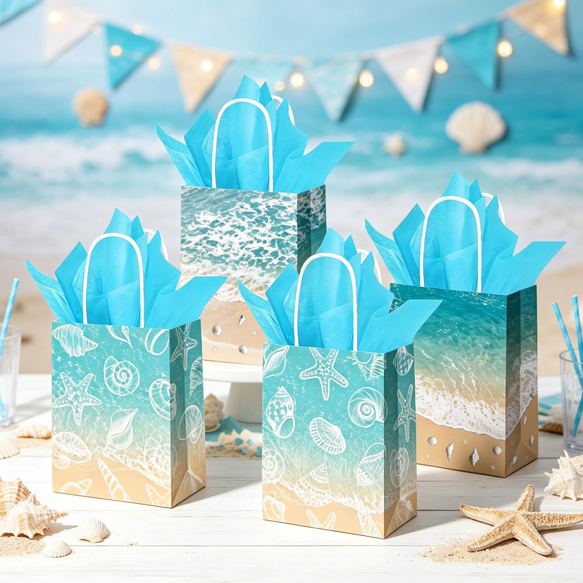Seashell Party Gift Treat Bags with Handles Coastal Theme Paper Tote Bags