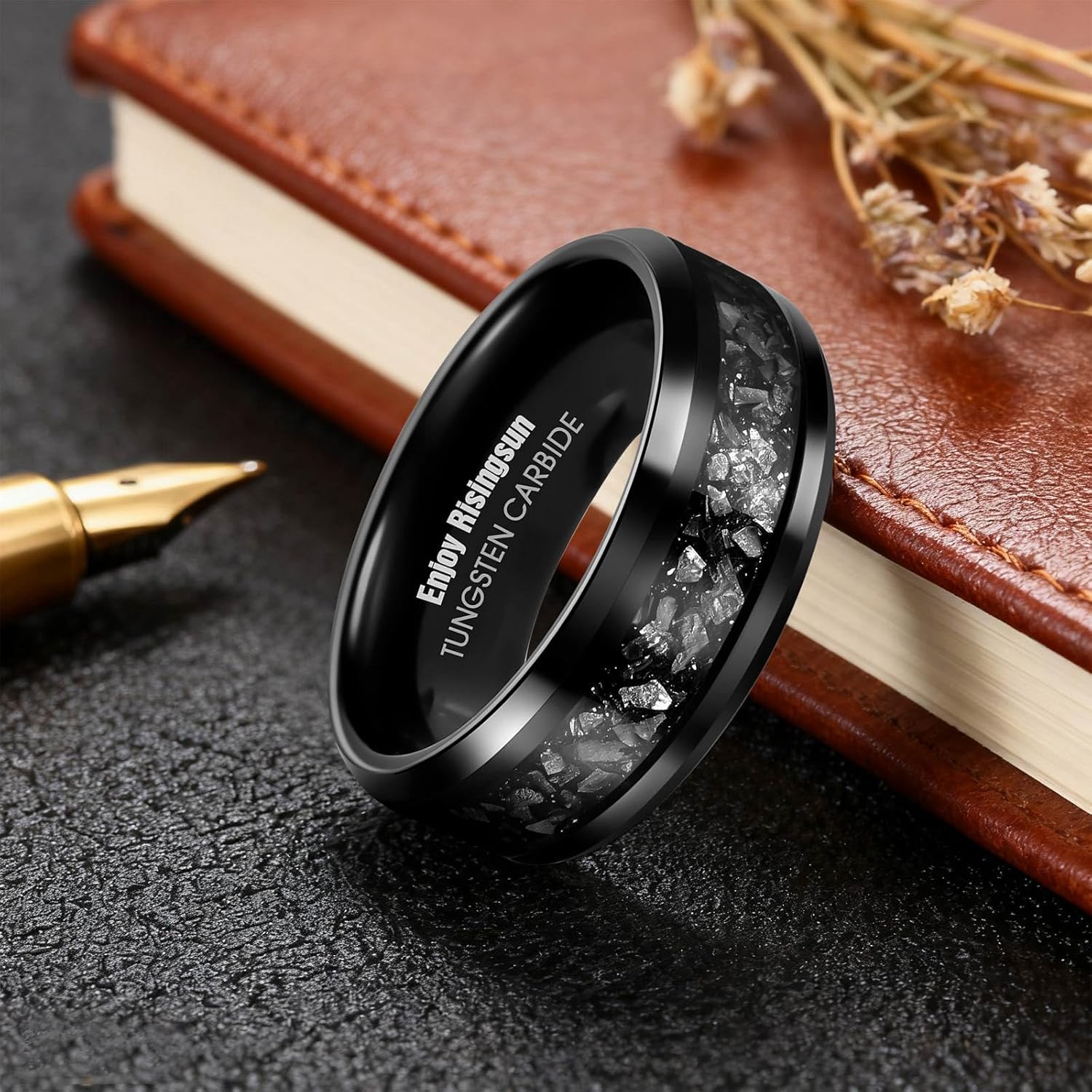 Meteorite Tungsten Mens Wedding Bands, Engagement Promise Rings for Couples Men Women, 8mm Width Black Polished Bands, Size 8-12 - Image 7