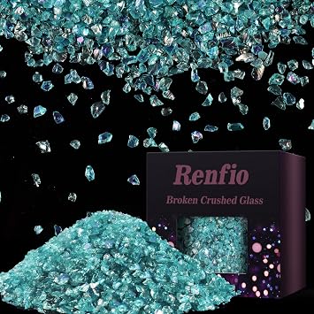 Renfio Iridescent Translucent Broken Crushed Glass Glitter Shards Crush 2-4mm Irregular Small Metallic Chunky Chips 3.5oz 100g High Luster Craft Sequins Gravel for Geode Coaster Ornament - Teal Blue