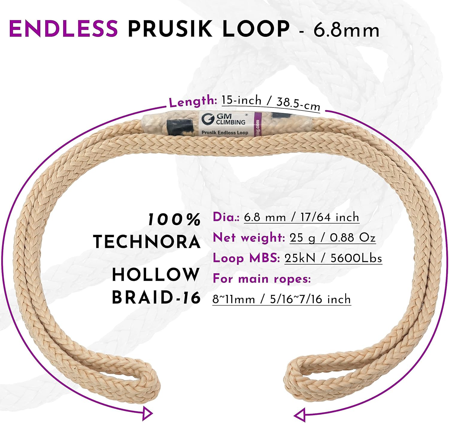 GM CLIMBING 2-Pack 8mm 18-inch Prusik Loop Bundle 6.8mm 15-inch Endless Prusik Loop 100% Technora : Sports & Outdoors