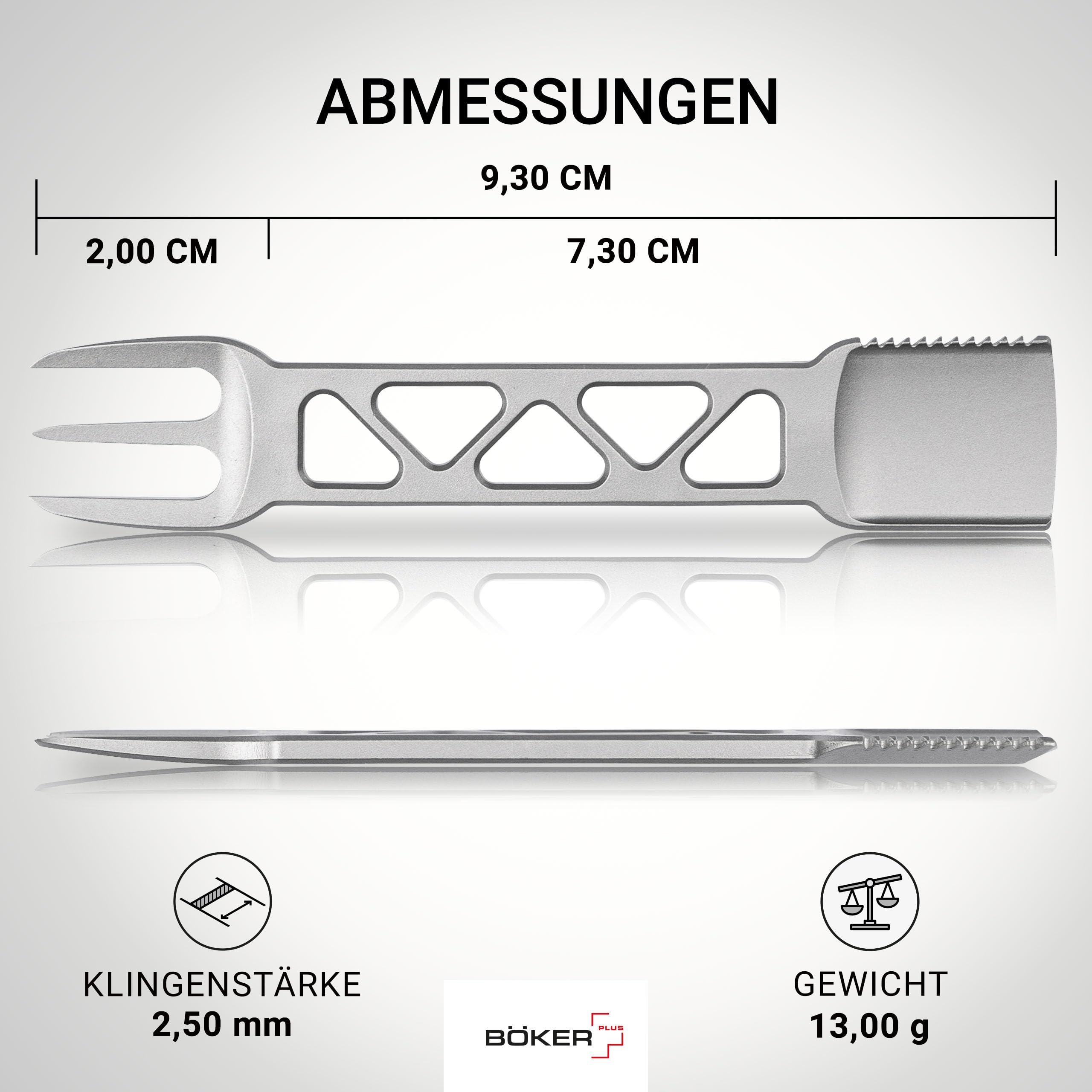 BÖKER PLUS® Metalbite - 3 in 1 Mini Camping Besteck Schlüsselanhänger - Multifunktion EDC Besteck mit Gabel, Löffel & Messer - Skelett Prybar mit Schaber - Pommes-Gabel & Pieker für unterwegs