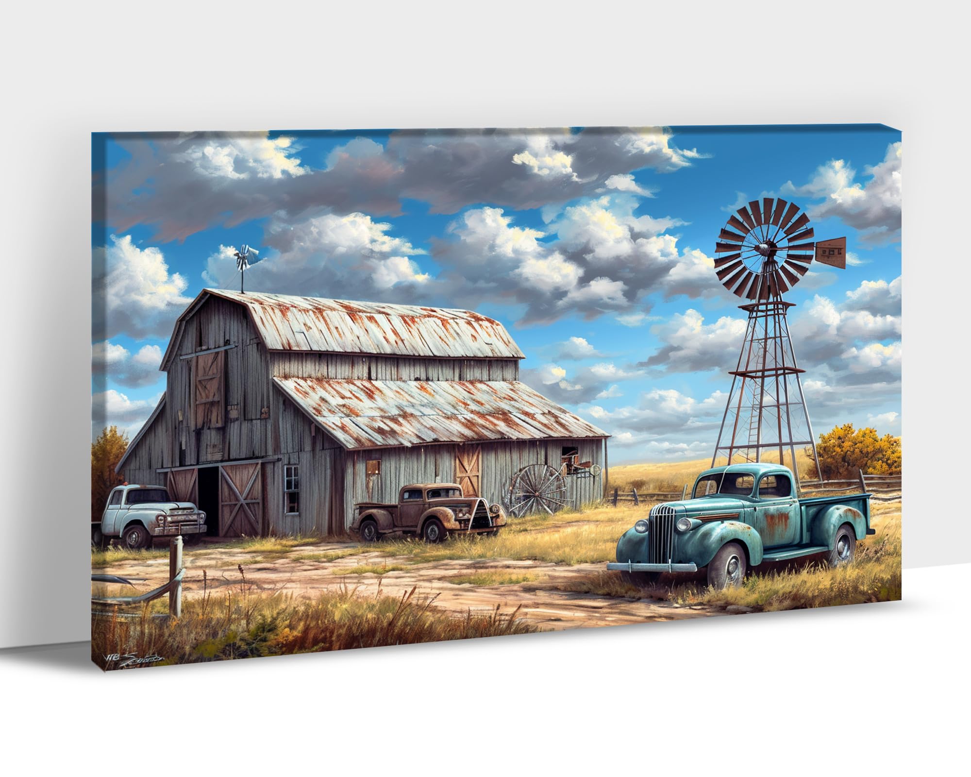 Farmhouse Truck Wall Art, Old Truck Canvas Prints, Barn Picture Wall Art for Rustic Home Decor, Rustic Landscape Canvas Painting, Sunny Posters Framed Artwork for Country Wall Decor 32" Hx48 W Inches