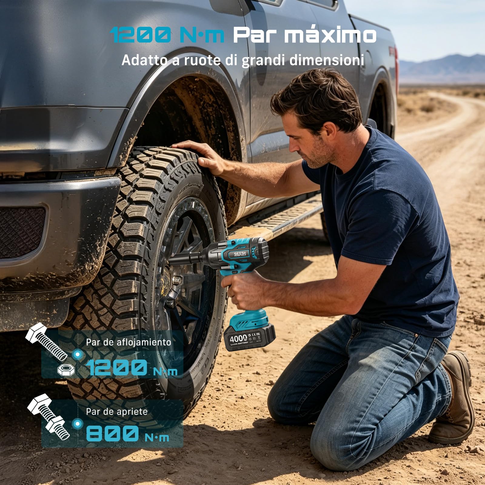 Seesii 1200 N·m llave de impacto a batería, 1/2 Pistola de Impacto sin escobillas con dos baterías de 4000 mAh, cargador rápido, 5 llaves de vaso, llave de impacto para neumáticos de coche