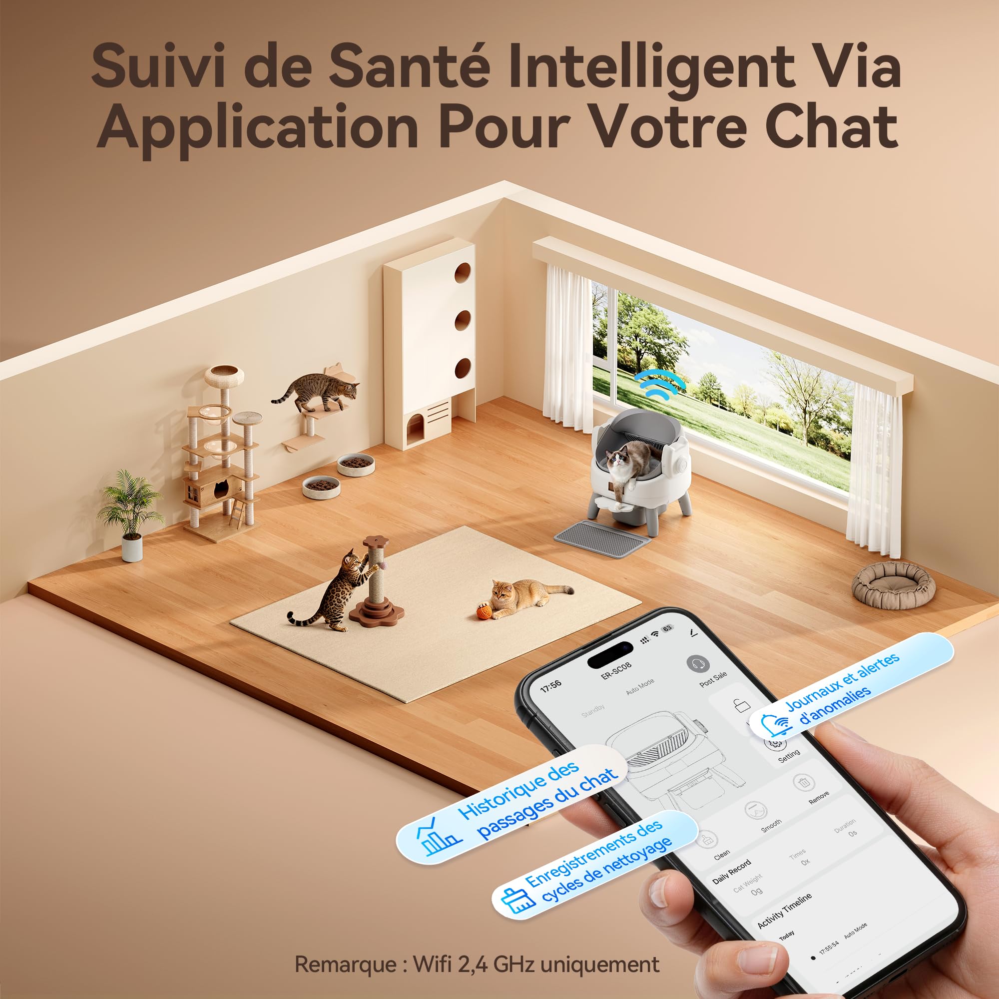 Thereye Litière Automatique Auto-Nettoyante, Litière pour Chat Autonettoyante 10L, 11 Capteurs Anti-Pincement, WiFi 2.4GHz App, Triple Anti-Odeur, Marche d’accès, Silencieux <35dB
