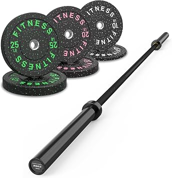 HANDBODE Olympic High-Bounce Bumper Plates Barbell Weights Set 2 - Inch with Weight Plate Rack, 10-55 lb Rubber Weight Sets for Home Gym, Strength Training Plate Includes 45 lb Black/Silver Barbell