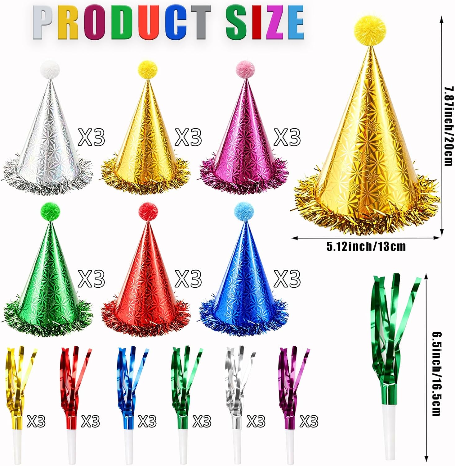 36 pcs Party Hats Set – 18pcs Glitter Cone Hats Colorful Birthday Party Headwear Hat with Pompoms and 18 pcs Colorful Noise Makers for Birthday Wedding New Year & Celebration Decorations