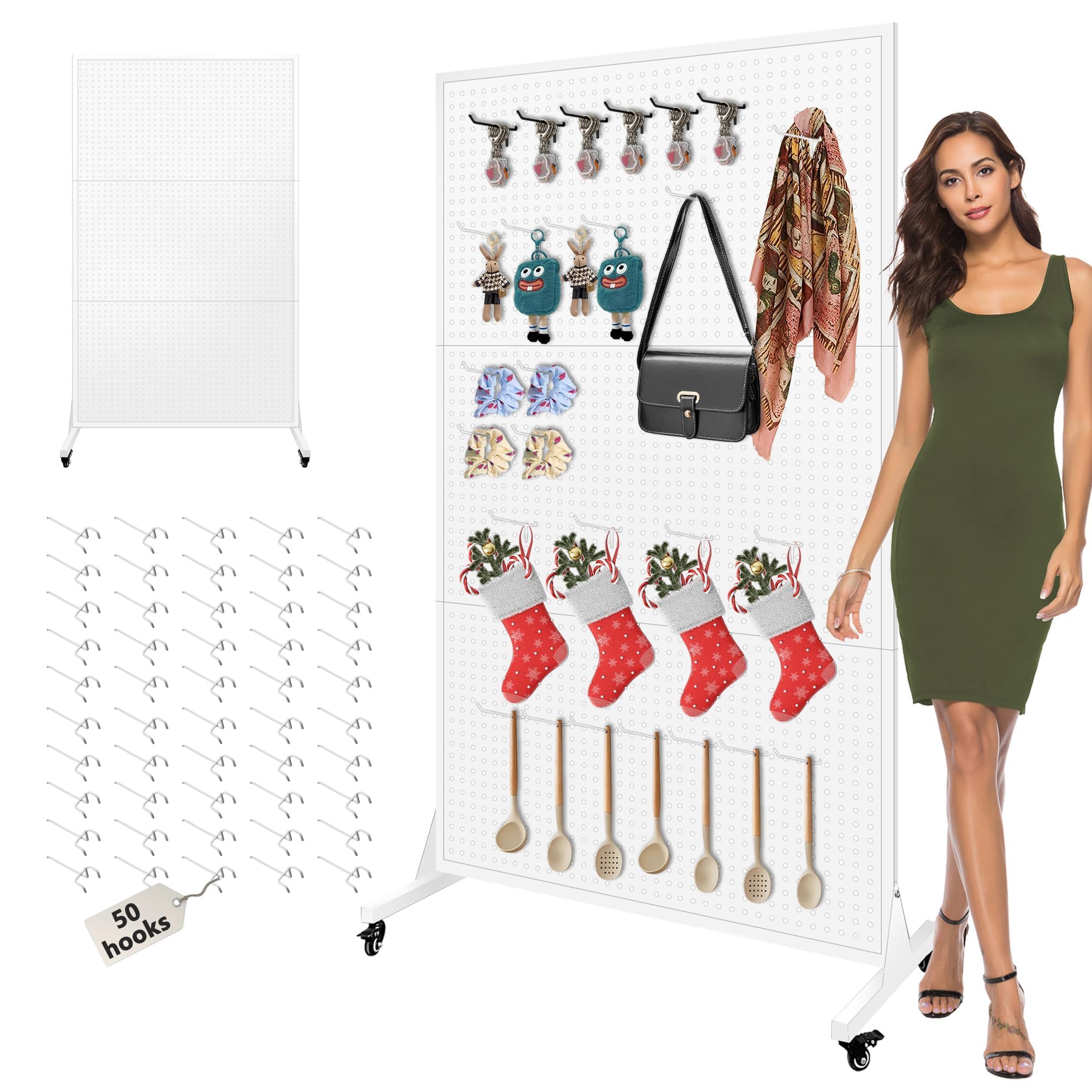 Royxen 3.5 x 6 Feet Metal Pegboard with 50 Hooks, Peg Board Display Stand with Wheels, Large Standing Pegboard Displaywith T-Base Art Display Stand for Retail Stores Exhibitions Homes (White)