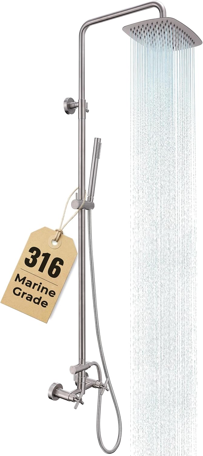 G-Promise 316 Marine Grade Stainless Steel Outdoor Shower Kit - Includes 10" Rain Shower Head & Handheld Spray, Wall Mounted, Maximum Corrosion Resistant for Poolside, Backyard, Coastal Homes