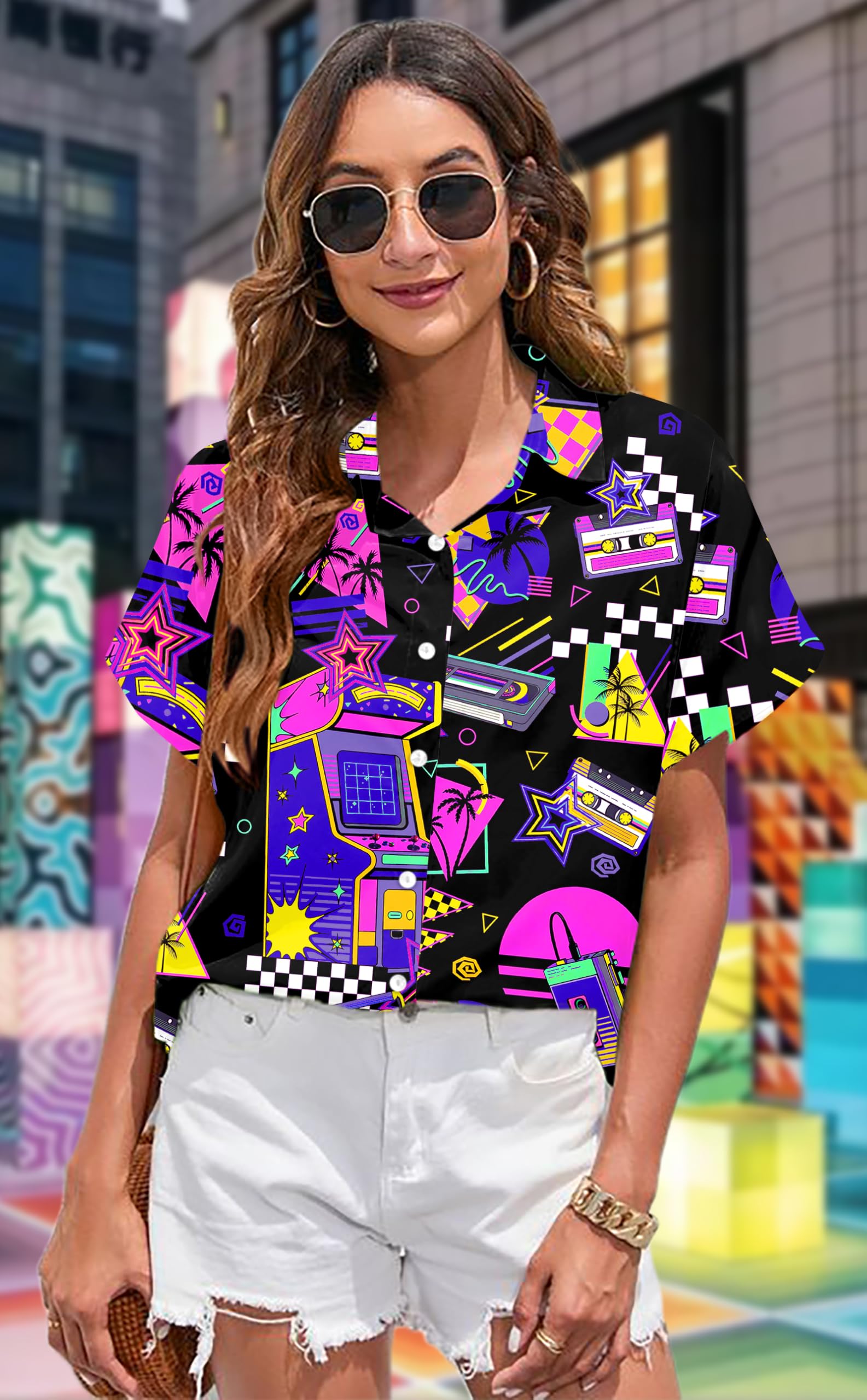 VVNTY Chemise hawaïenne pour femme, années 80 et 90, boutonnée, rétro, été, fête, chemisier à manches courtes