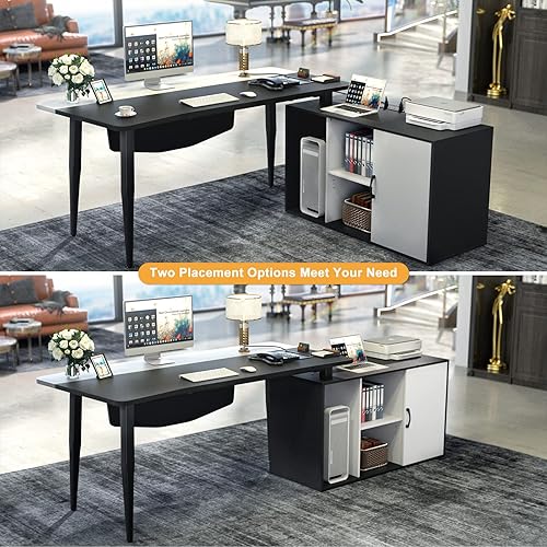 Miniatura 6 de Escritorio en forma de L con archivador y toma de corriente, escritorios de esquina grandes de 55 pulgadas con tira de luz LED, escritorio para