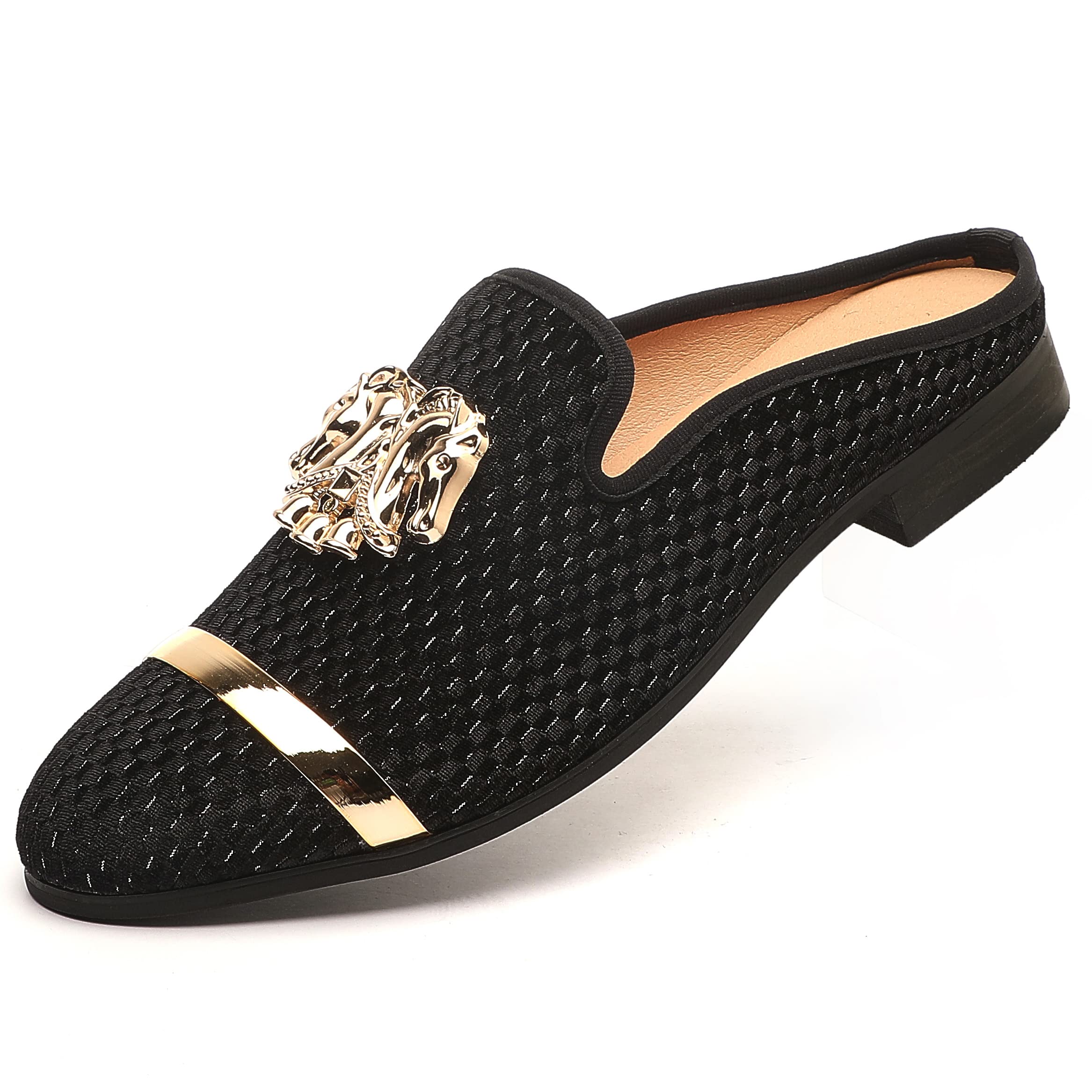 XQWFH Men's Slip-on Mule Sandals Loafer with Gold Buckle,Fashion Leather Formal Wear Casual Backless Dress Slippers