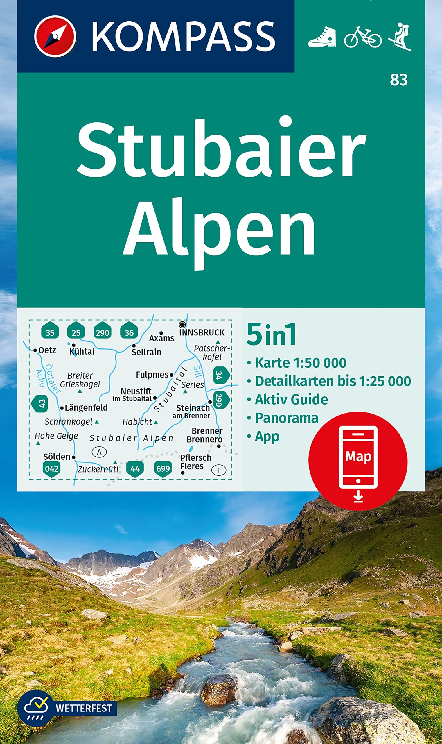 Austria + Italy Stubai Alps Kompass map 83 hiking cycling skiing