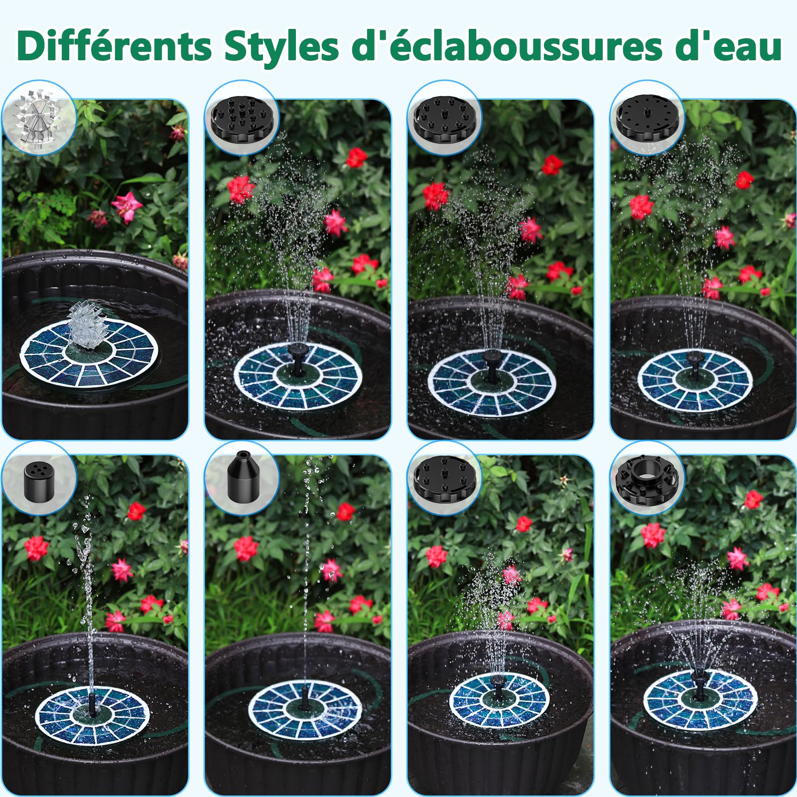 AISITIN Fontaine Solaire 3,5W Pompe de Fontaine Flottante Solaire avec Divers Effets de Pulvérisation, Pompe Solaire Bassin Exterieur avec Vitre en Verre Vert Foncé pour Jardin