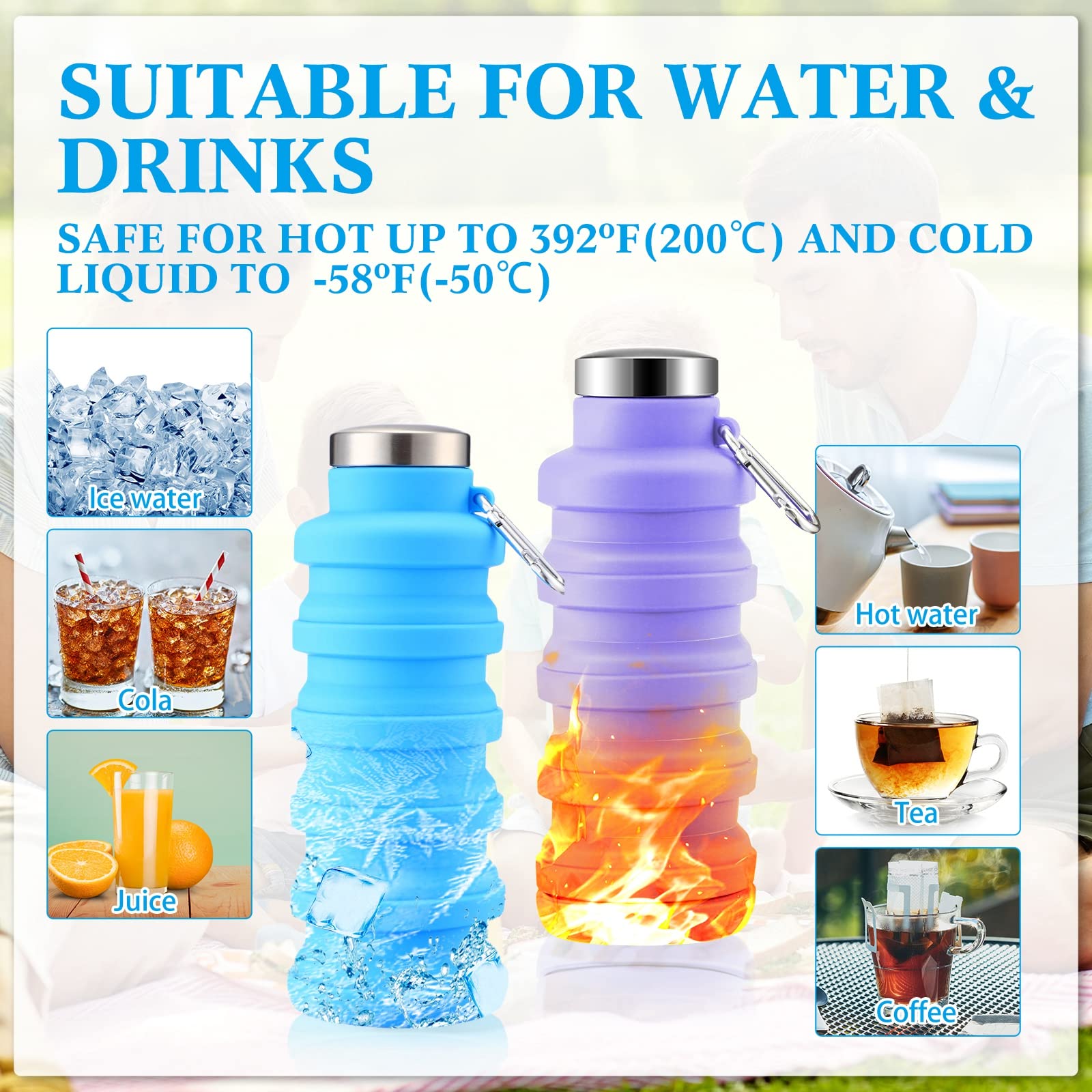 Lallisa Faltbare Wasserflaschen, wiederverwendbar, Silikon, Reise-Wasserflasche, tragbar, auslaufsicher, Sportwasserflaschen für Fitnessstudio, Camping, Wandern, Blau, Lila, Grau, Grün, 4 Stück