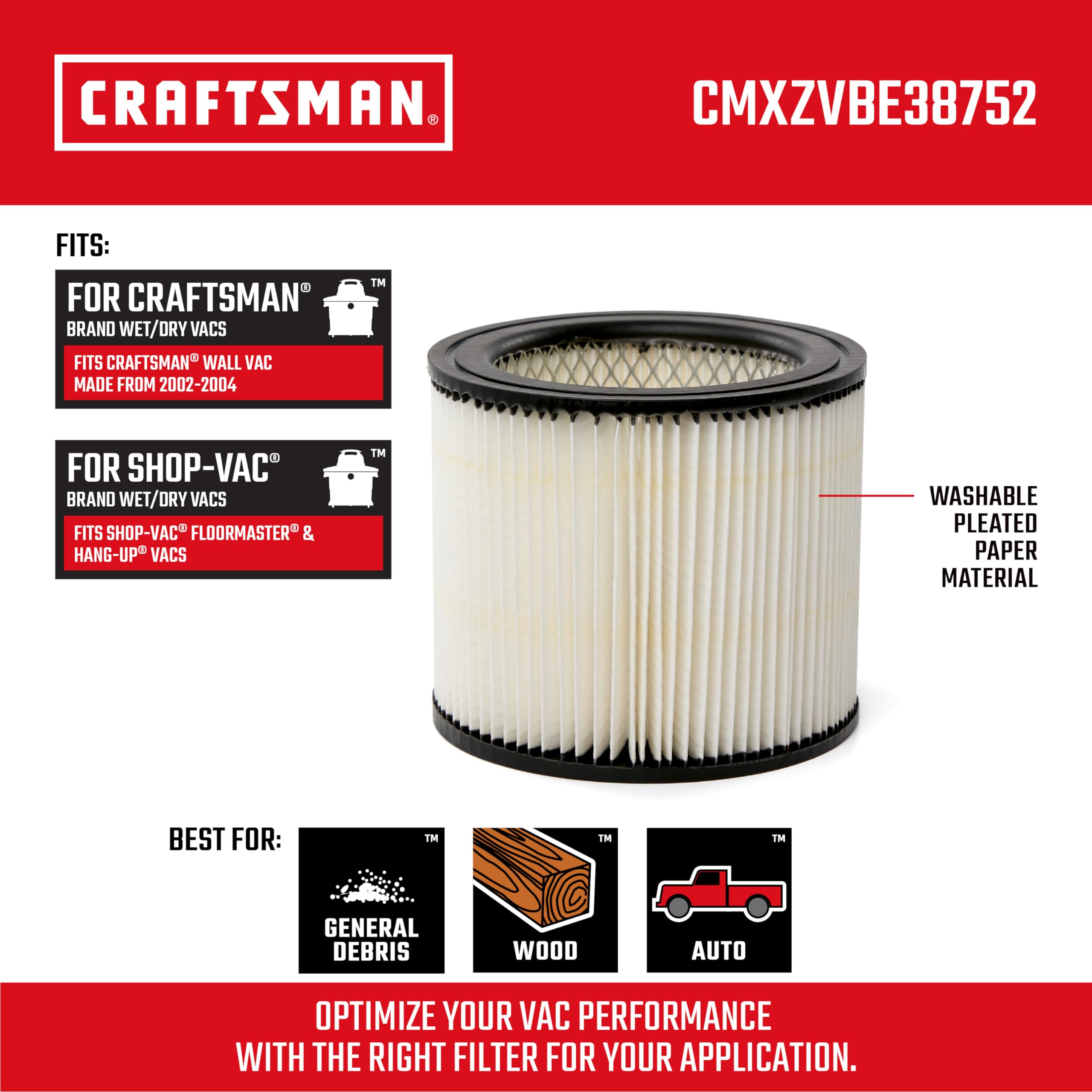 CRAFTSMAN CMXZVBE38752 Wet/Dry Vac Replacement Filter for Wall