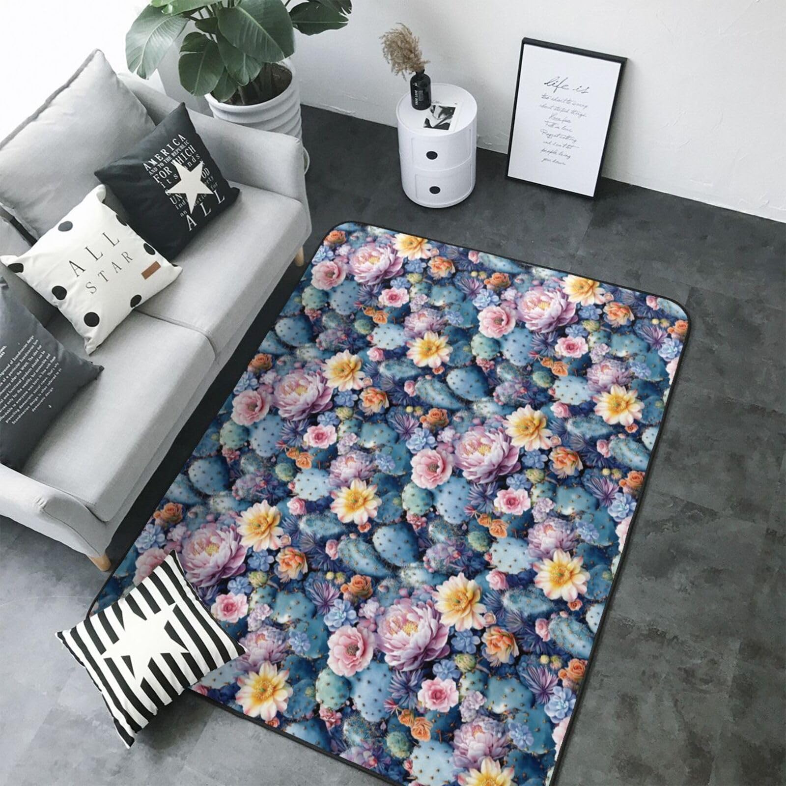 Tapis antidérapant grand format lavable pour salon et bureau à motif cactus