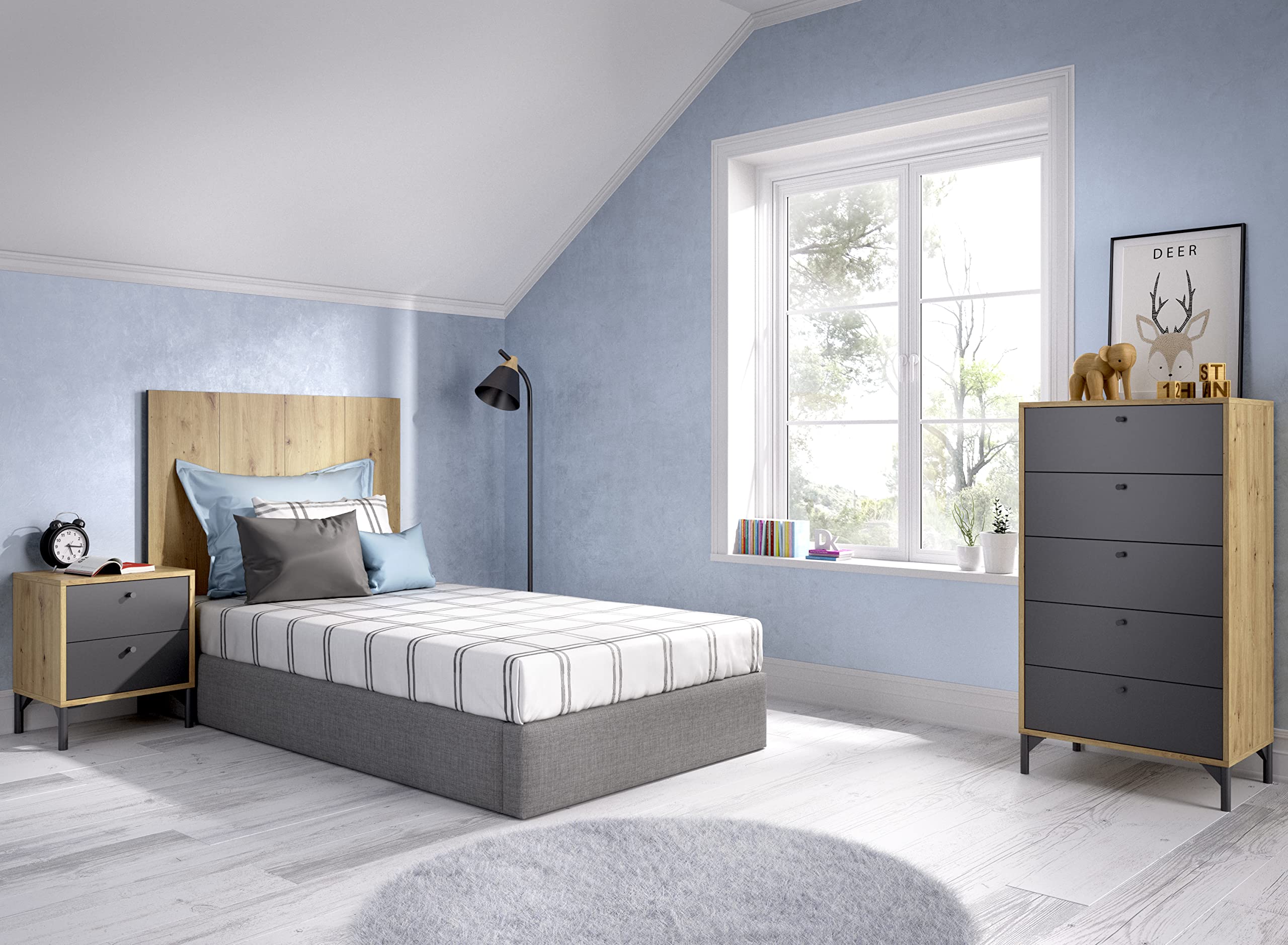 DEKIT GRUPO RIMOBEL Greta Tête de lit en Bois, Nordique et Graphite, lit Simple