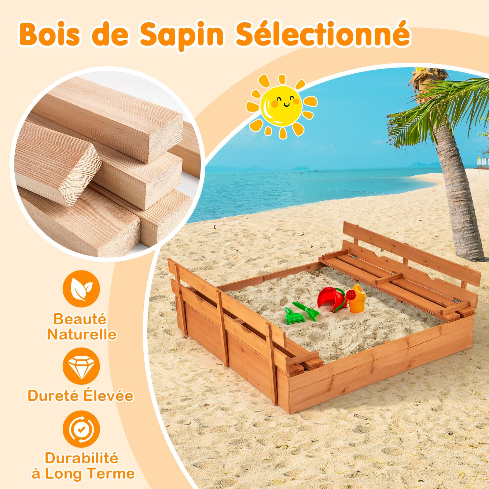 GOPLUS Bac a Sable Enfant Exterieur, Bac a Sable en Bois de Sapin avec Couvercle, 2 Bancs Pliants, et Revêtement de Fond, Charge120KG, pour Jardin Plage Arrière-Cour