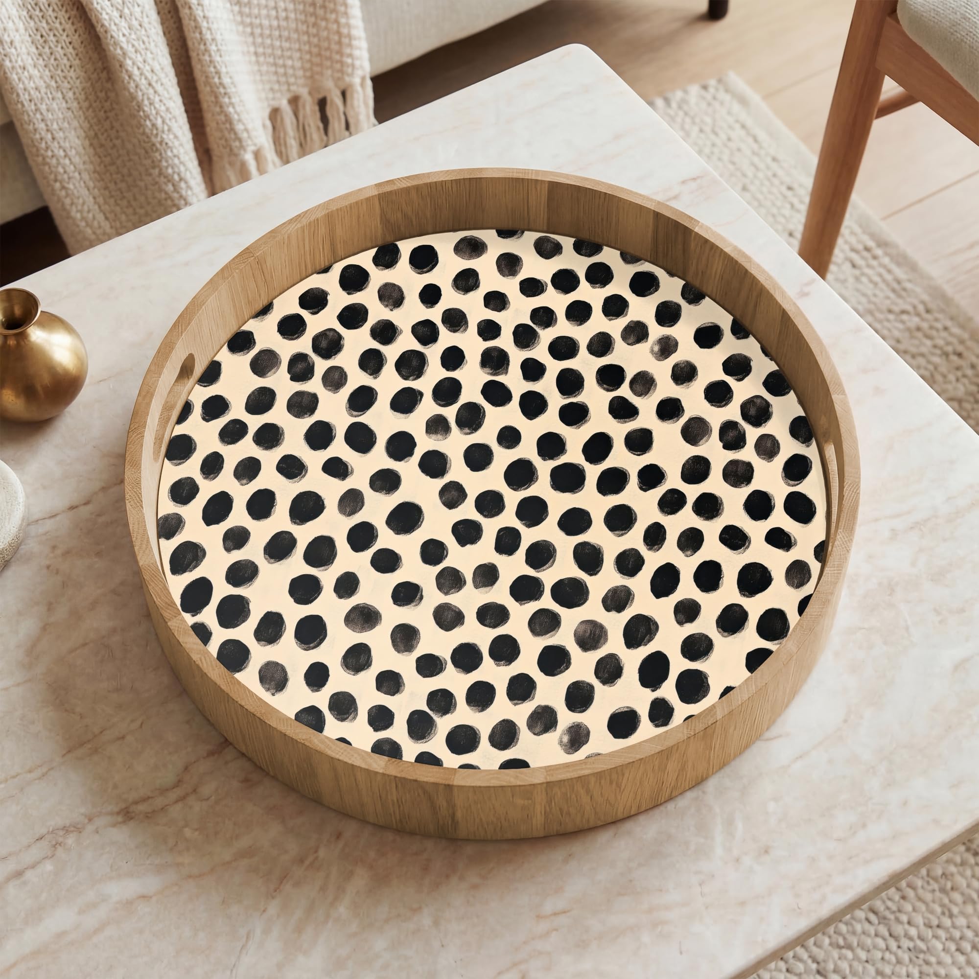 Bandejas Redonda 40x40 cm Bandeja Cafe para Servir Comida Bonitas Resistente Al Calor Tray De Madera Desayuno Cocina Tabuleiro Lunares - Patrón - Negro