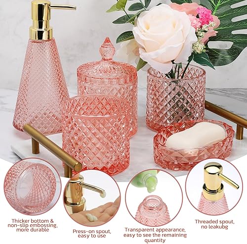 Miniatura 7 de Juego de accesorios de baño verde, 5 piezas de accesorios de baño de vidrio, dispensador de loción Dimond, jabonera, soporte para cepillos de