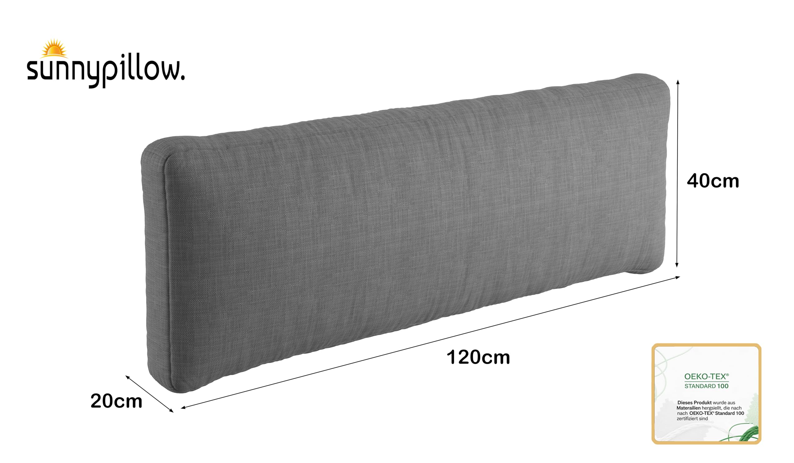Sunnypillow Cuscino-schienale 120 x 40 cm - Cuscini per divano in pallet impermeabile UV - fodere lavabile - schiuma fredda grigio