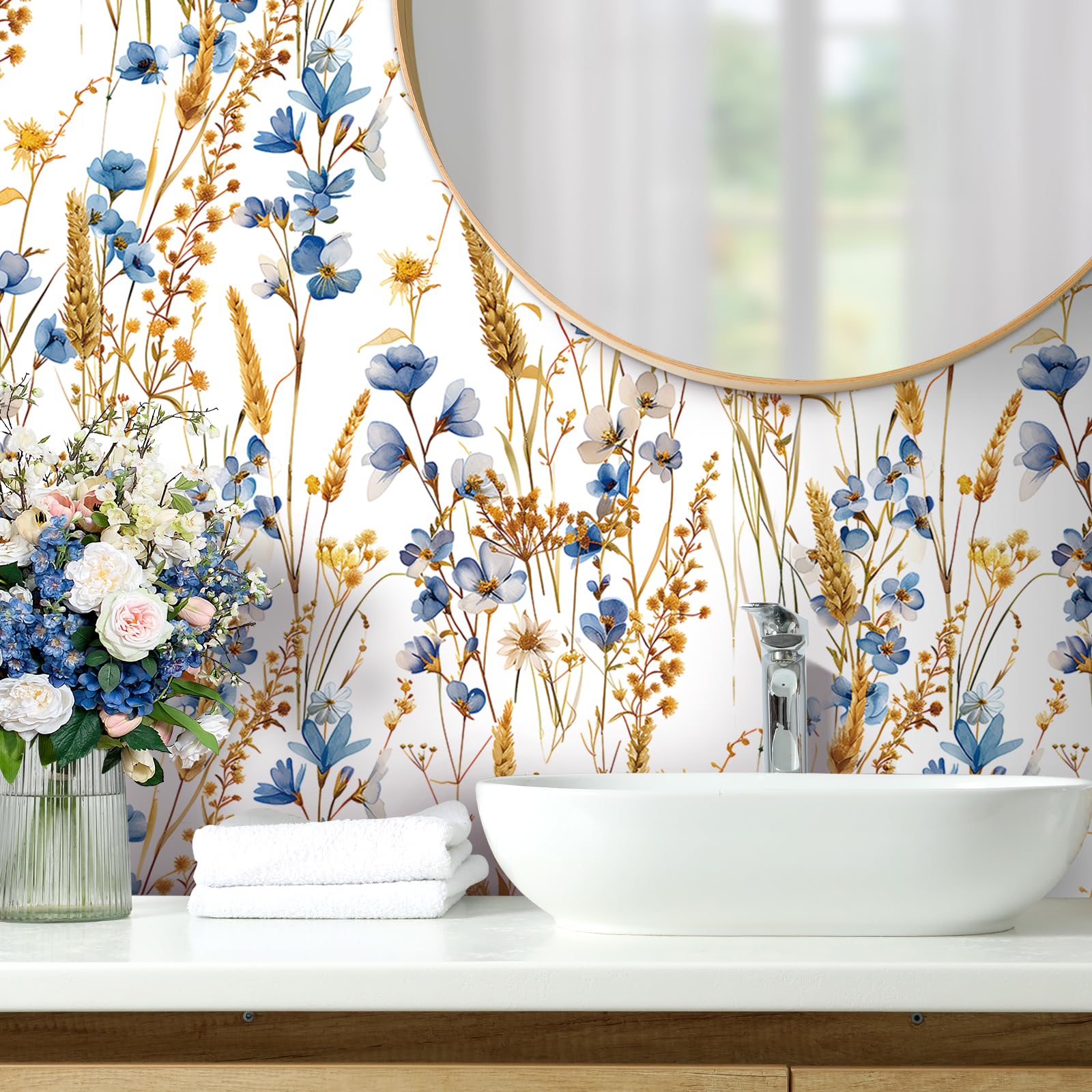 FunStick 44.5CMx9M Papel Pintado Floral Blanco Pared Dormitorio Trigo Otoñal y Flores Silvestres Impermeable Papel Adhesivo para Muebles Baño Blanco Azul Dorado Vinilo Adhesivo Flores Muebles Armario