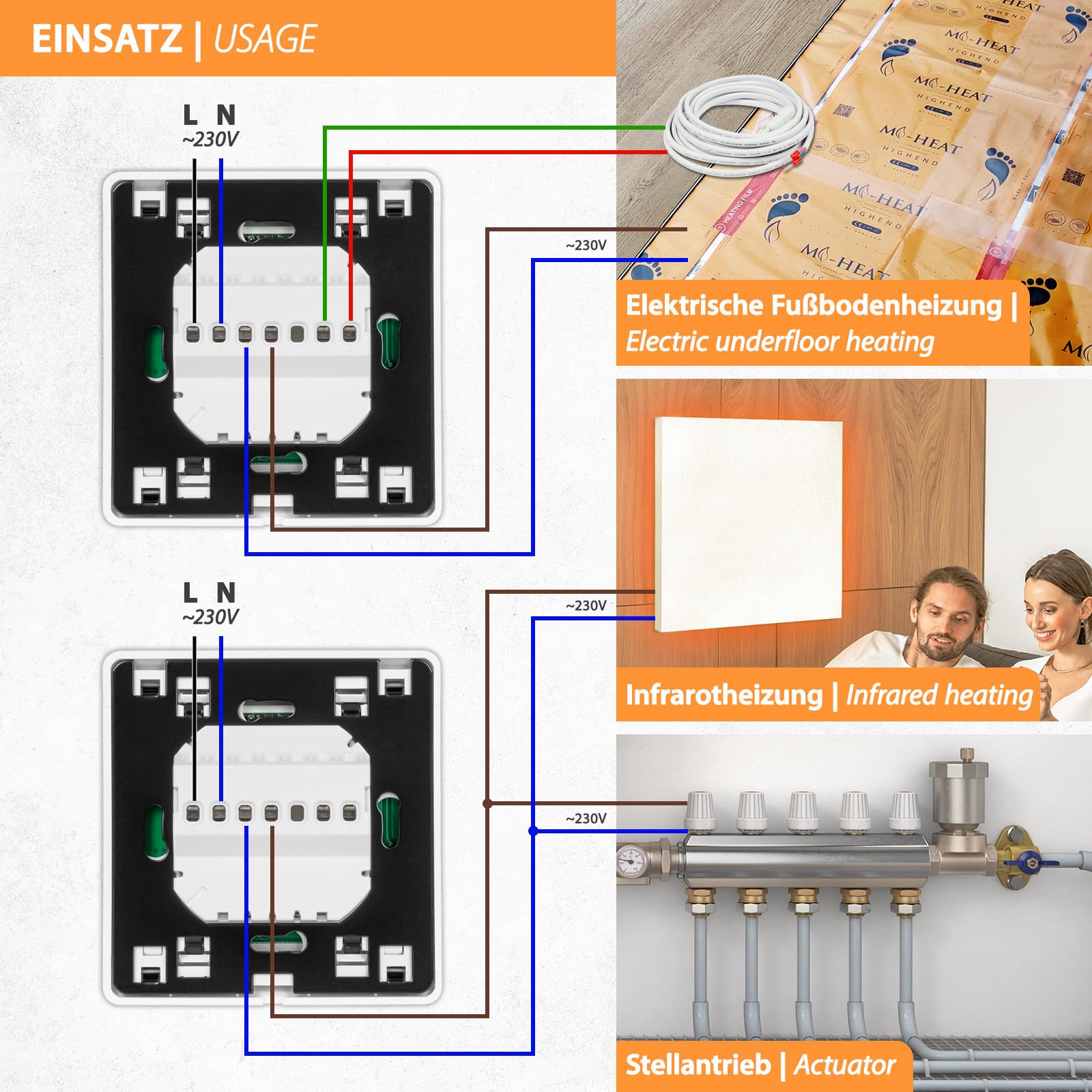E51 cyfrowy termostat do pomieszczeń z czujnikiem podłogi, podświetlany wyświetlacz, 7-dniowy program tygodniowy do elektrycznego ogrzewania podłogowego i siłowników NC