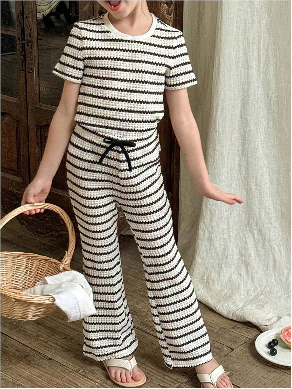 Verdusa Girl's 2 Piece Striped Outfits Knitted Short Sleeve Tops with Flared Pants Comfy Sets - Image 5