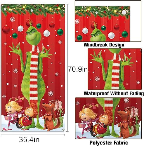 Miniatura 3 de Sunwer Merry Grinchmas - Cubierta de puerta verde Whoville para decoración de fiesta de invierno, decoración de porche frontal, cartel de telón de
