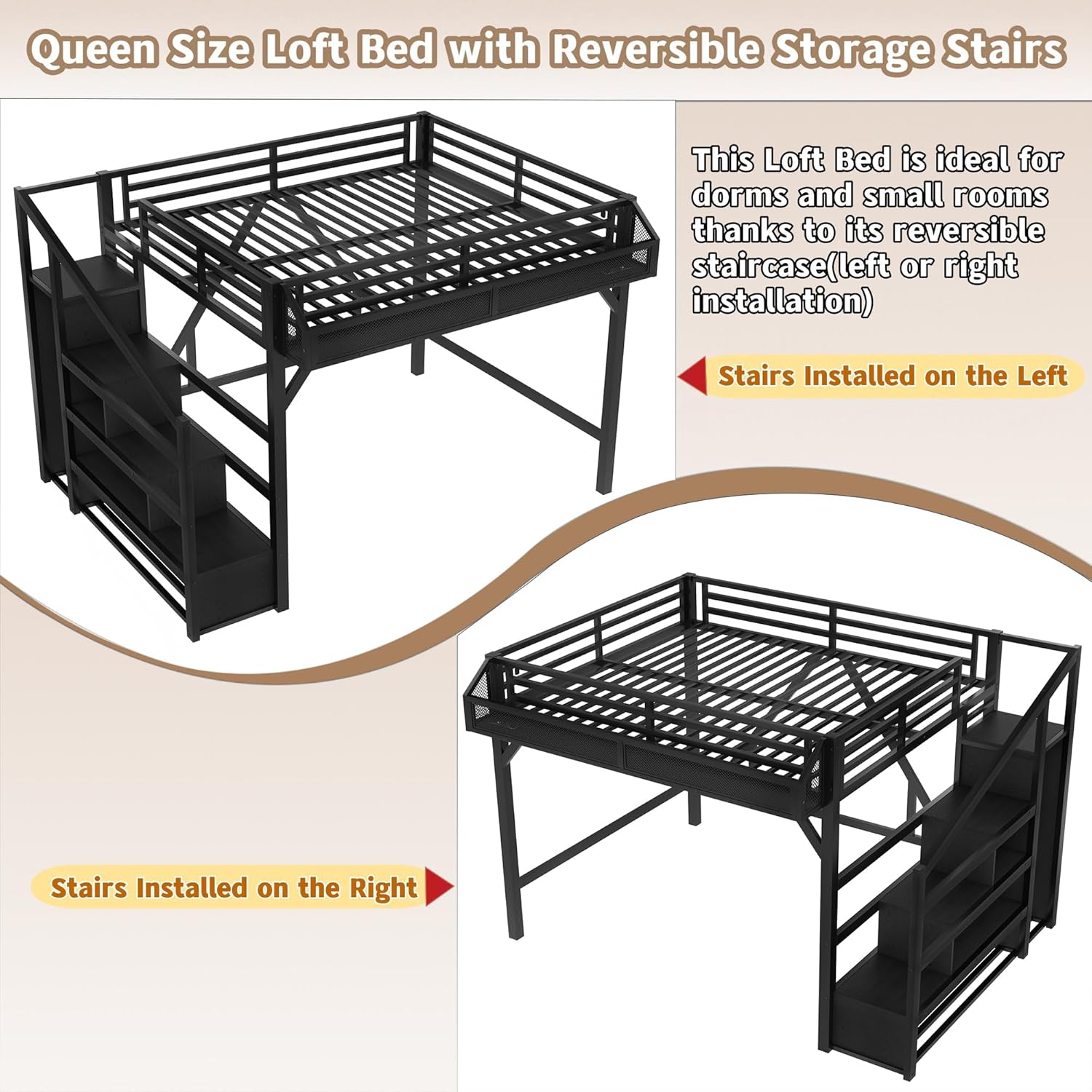 Bellemave Queen Loft Beds with Storage Beside Shelves and Wardrobe, Metal Loft Bed with LED Lights and USB Ports, Heavy-Duty Loft Bed Frame for Teens, Adults, Noise-Free & Space-Saving, Black