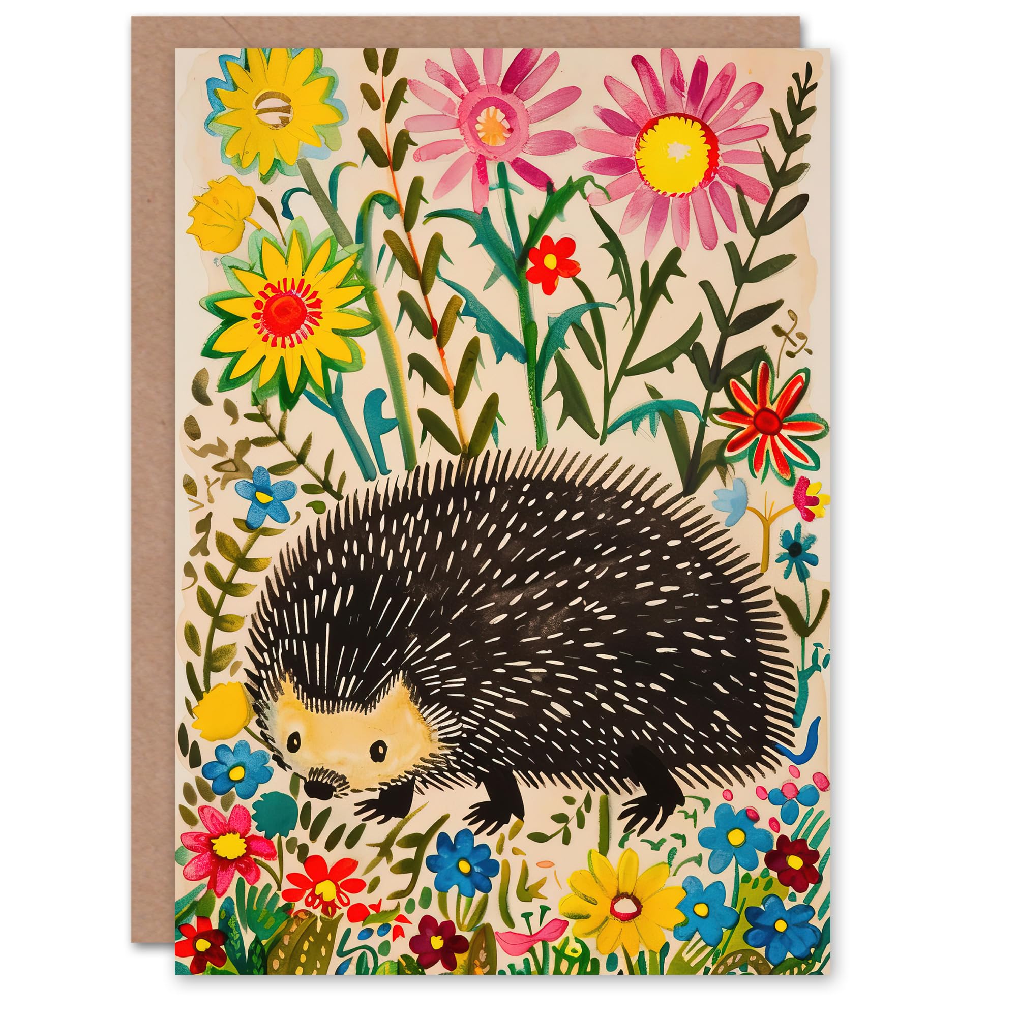 Artery8 Hedgehog in Wildflower Garden Folk Art Painting Greeting Card Birthday