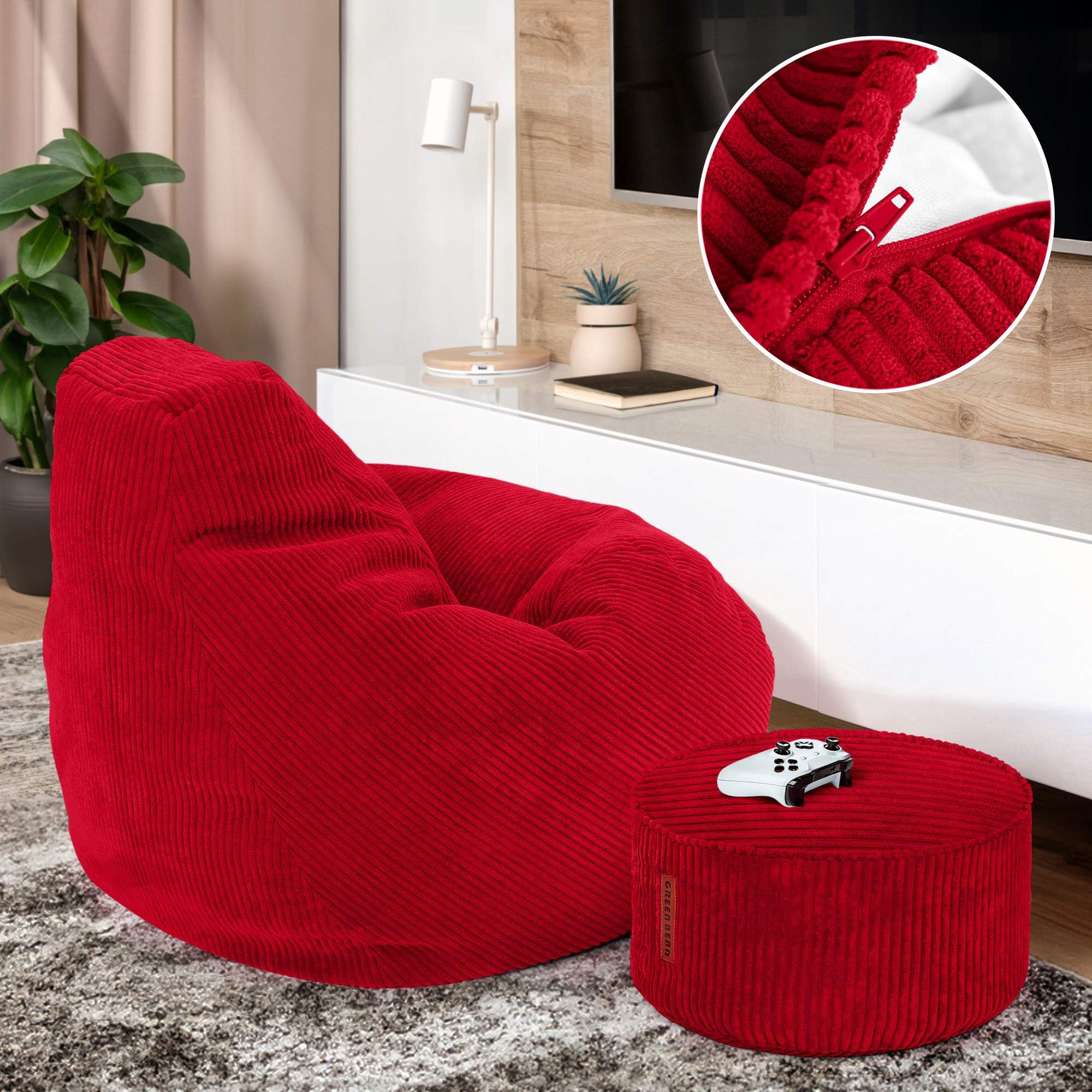 Green Bean© Pouf avec Tabouret en Velours côtelé - Pouf pour Salon, Chambre à Coucher - Fauteuil pour Adulte - Rouge - Environ 230 l - Rembourrage : 90 x 80 x 80 cm et 45 x 25 cm