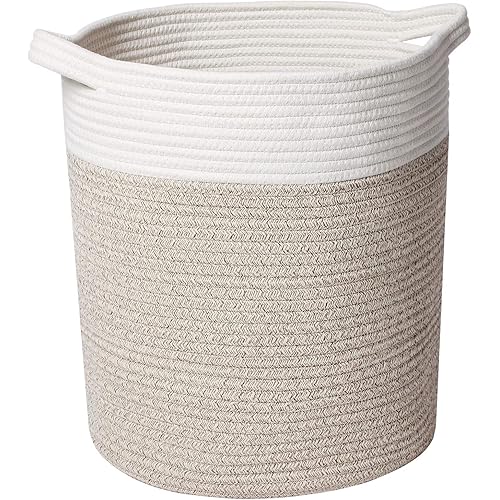 Syeeiex Rope Basket, 14''x 14''x 16'' Blanket Basket Woven Baskets for Storage, Rope Baskets for Storage, Basket for Baby Toys, Clothes, Towels, Pillows, White & Desert
