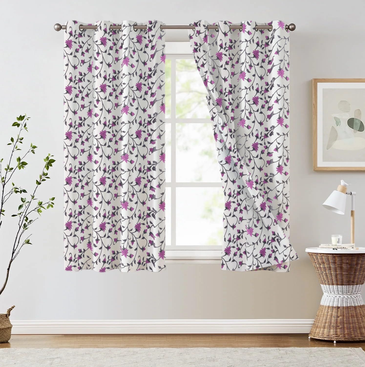 Trance Home Linen Floral Printed Living Room Bedroom Office Windows Curtain | 100% Cotton Eyelet Ring Parde | 6 Feet Semi Room Darkening Curtains |Premium Parda (Jaal Mauve - Set 2, 6Ft Curtains)