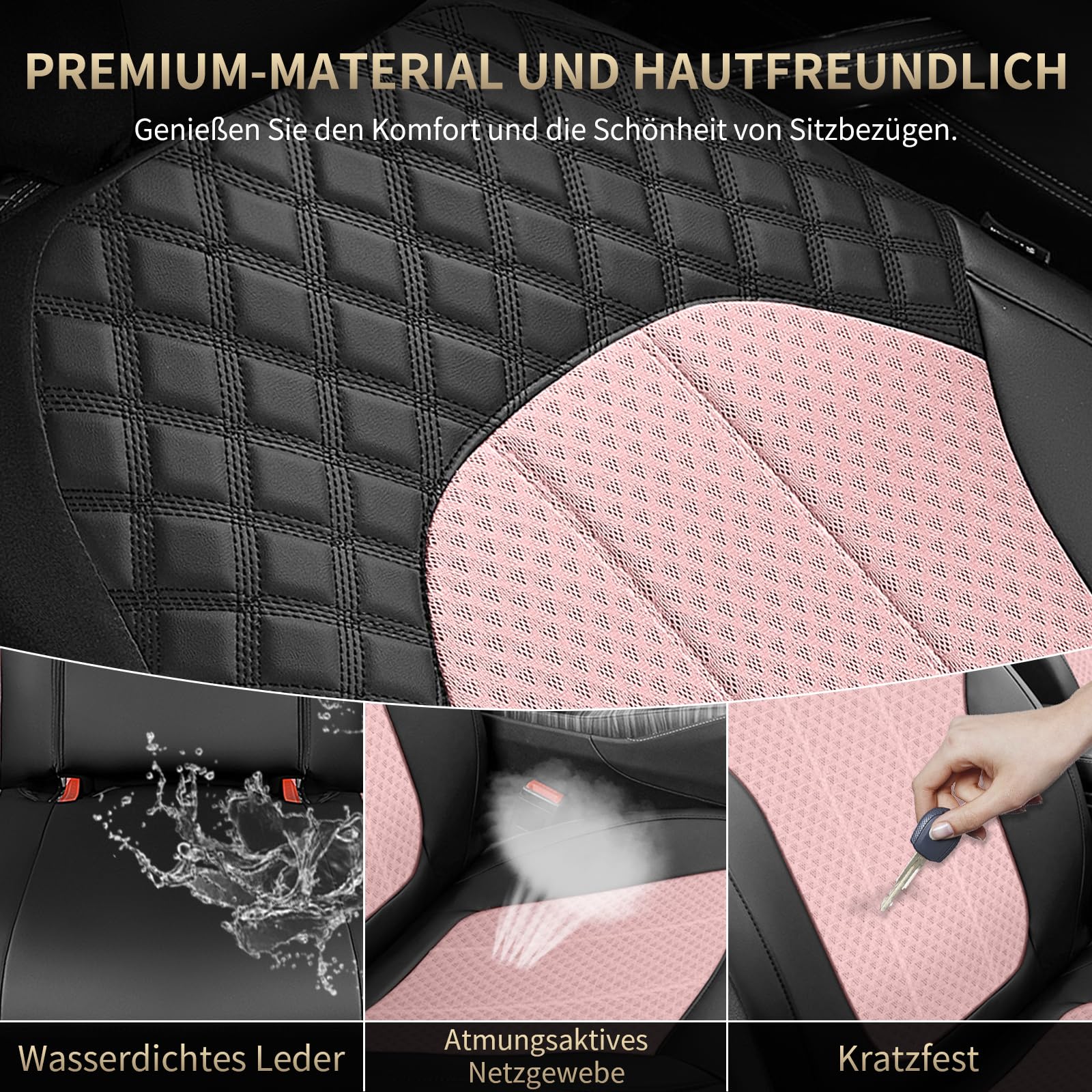 FLORICH Juego Completo Asientos de Coche, Fundas de Cuero Sintético con Malla Transpirable, Fundas Universales aptas para la Mayoría de Turismos, SUV y Camiones (Juego Completo, Negro&Rosa)