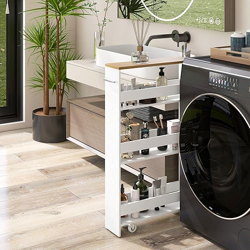 Miniatura 3 de LOKO Carrito de almacenamiento delgado, carrito rodante blanco de 4 niveles con asa y parte superior de madera para cocina, baño, lavandería, sala