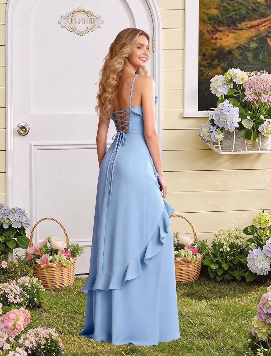 Ruffle V Neck Bridesmaid Dresses Spaghetti Straps Chiffon Formal Wedding Guest Evening Party Gown with Slit