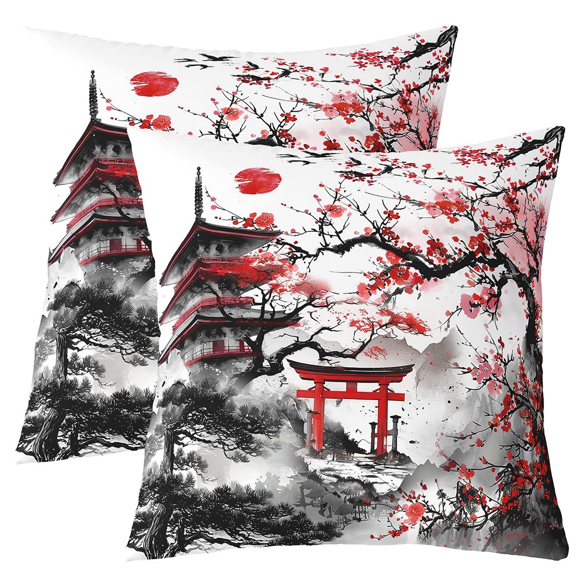 Housse de coussin fleurs de cerisier 50x50 cm style japonais Mont Fuji pour déco de chambre zen