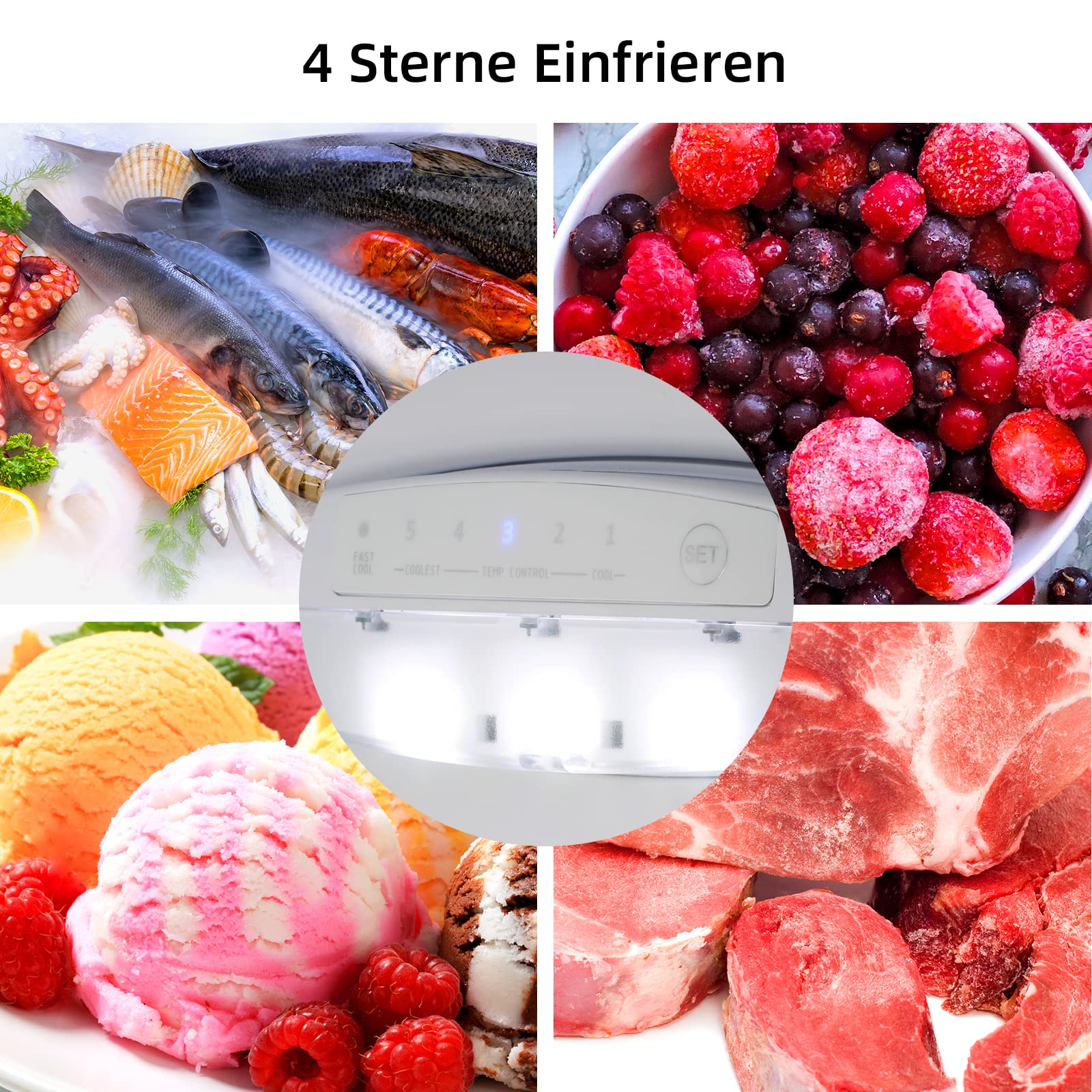 CHIQ Freistehender Kühlschrank mit Gefrierfach Kühl-Gefrierkombination 114 cm 47 cm 117L 4 Sterne -24℃ LED Dunkler Edelstahl