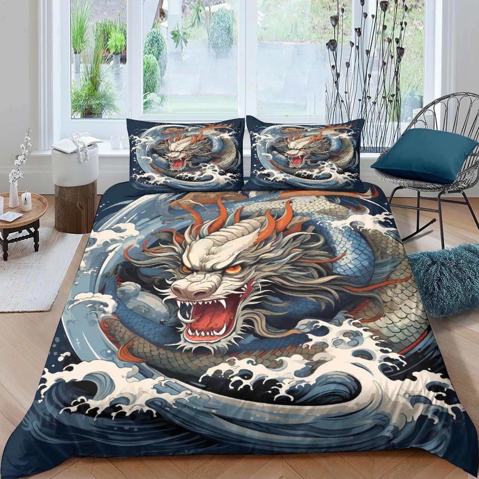 GPLZQXKJNH 3D Printed Japanese Dragon Duvet Cover Microfiber Soft Breathable Ocean Wave Bedding Set with 2 Pillowcases for Bedroom Decor Single（135x200cm）