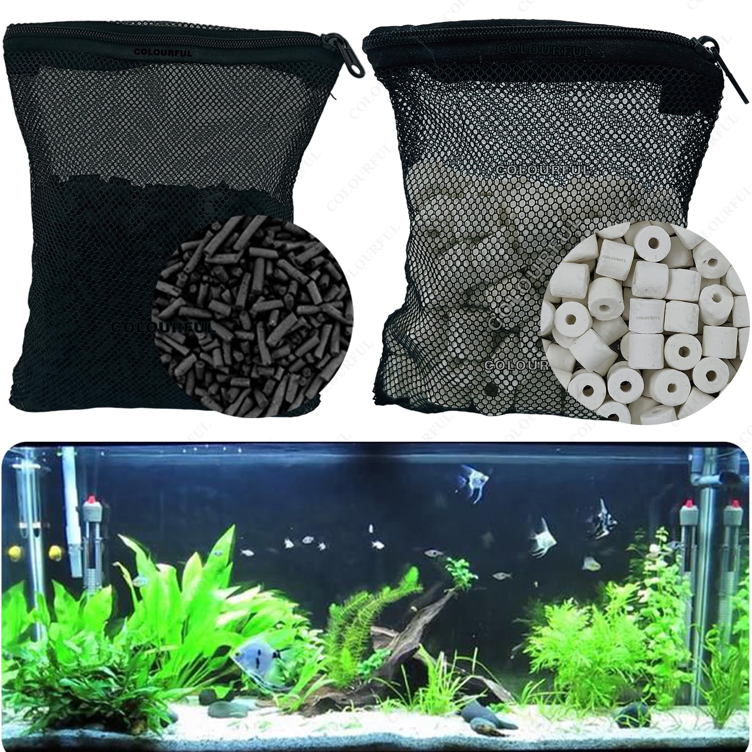 COLOURFUL - Aquarium Filter Media | Improved Water Quality and Healthy Fish Tanks | 450g White Ceramic Rings + 450g Activated Carbon (450g 2 in 1 Filter Media with Net Bag, Combo-1) (B01GLE2J8O) Amazon Price History, Amazon Price Tracker