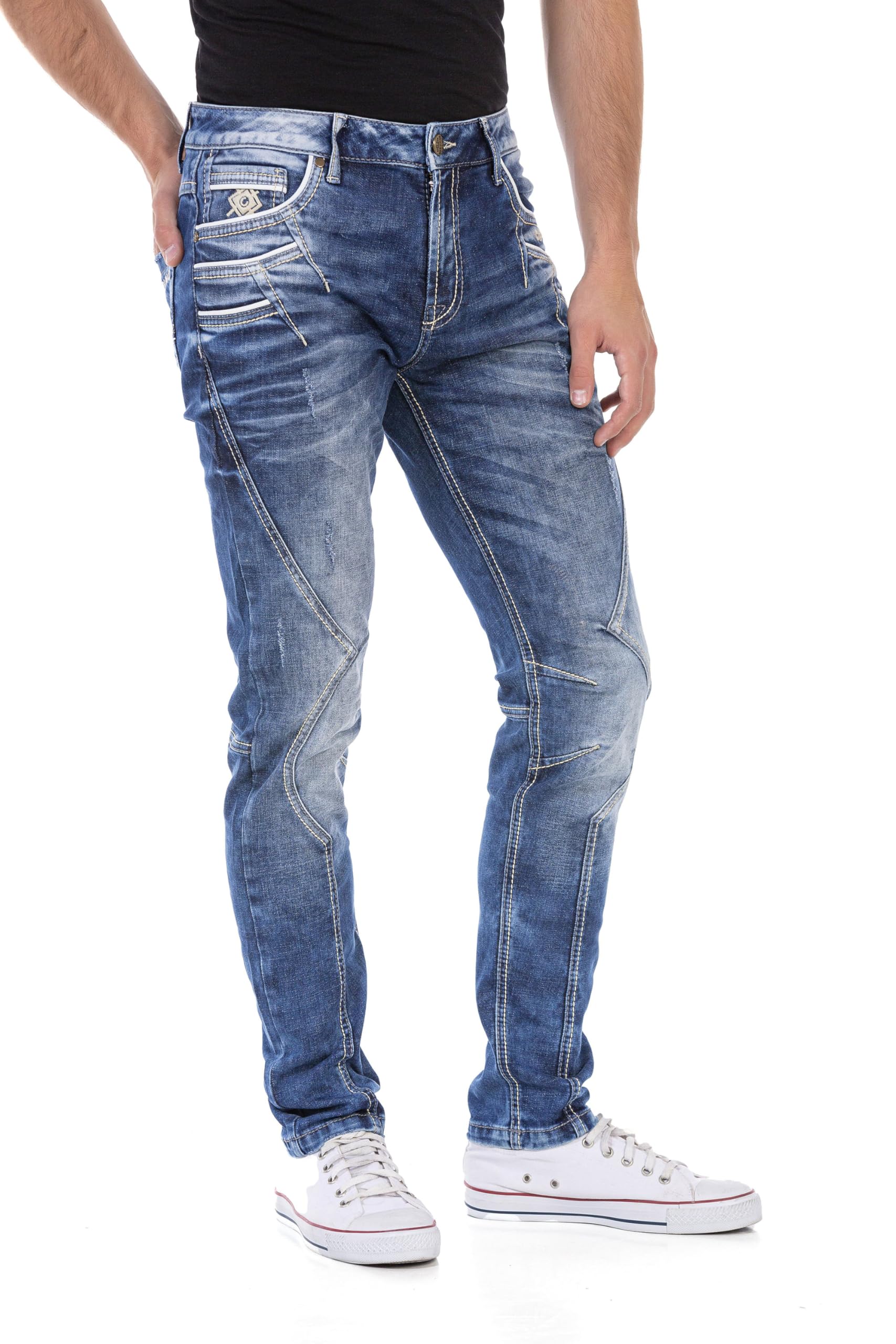 Cipo & Baxx Pantalones vaqueros para hombre, corte recto, pantalones vaqueros regulares en costura de contraste, pantalones vaqueros de algodón alto para hombres con costuras decorativas modernas,