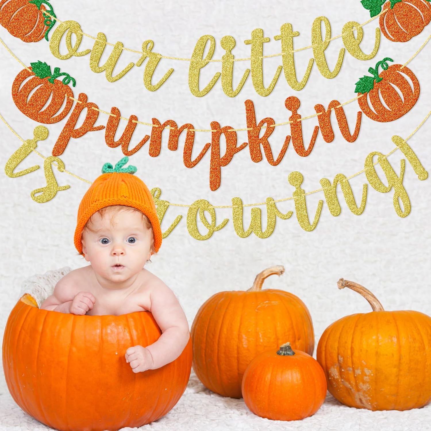 Qttier Our Little Pumpkin Is Growing Banner, Fall Birthday Banner, Thanksgiving Pumpkin Sign for Baby Shower Gender Reveal 1st Birthday Party, Orange and Gold Glitter