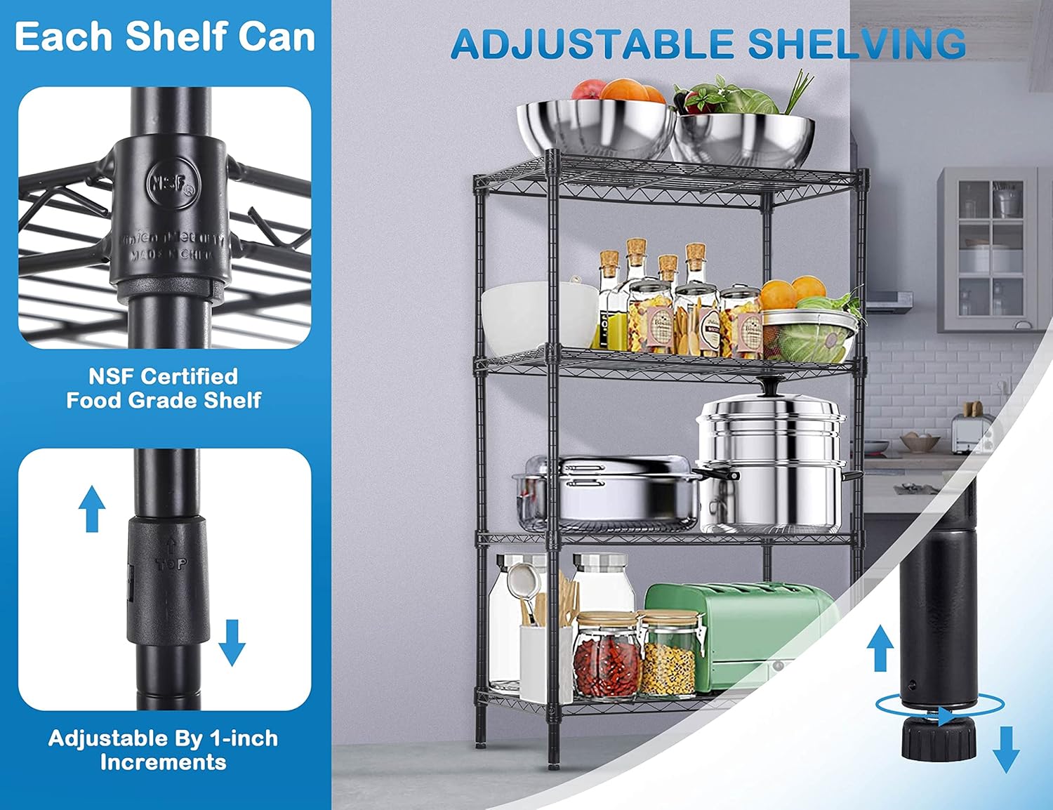 4-Tier Metal Wire Shelving Unit Kitchen Shelf Organizer Storage Rack Utility Shelf Snack Shelf, NSF Certified Storage Shelves for shelves Metal Shelving Shelves for Storage Shelf Pantry Shelves