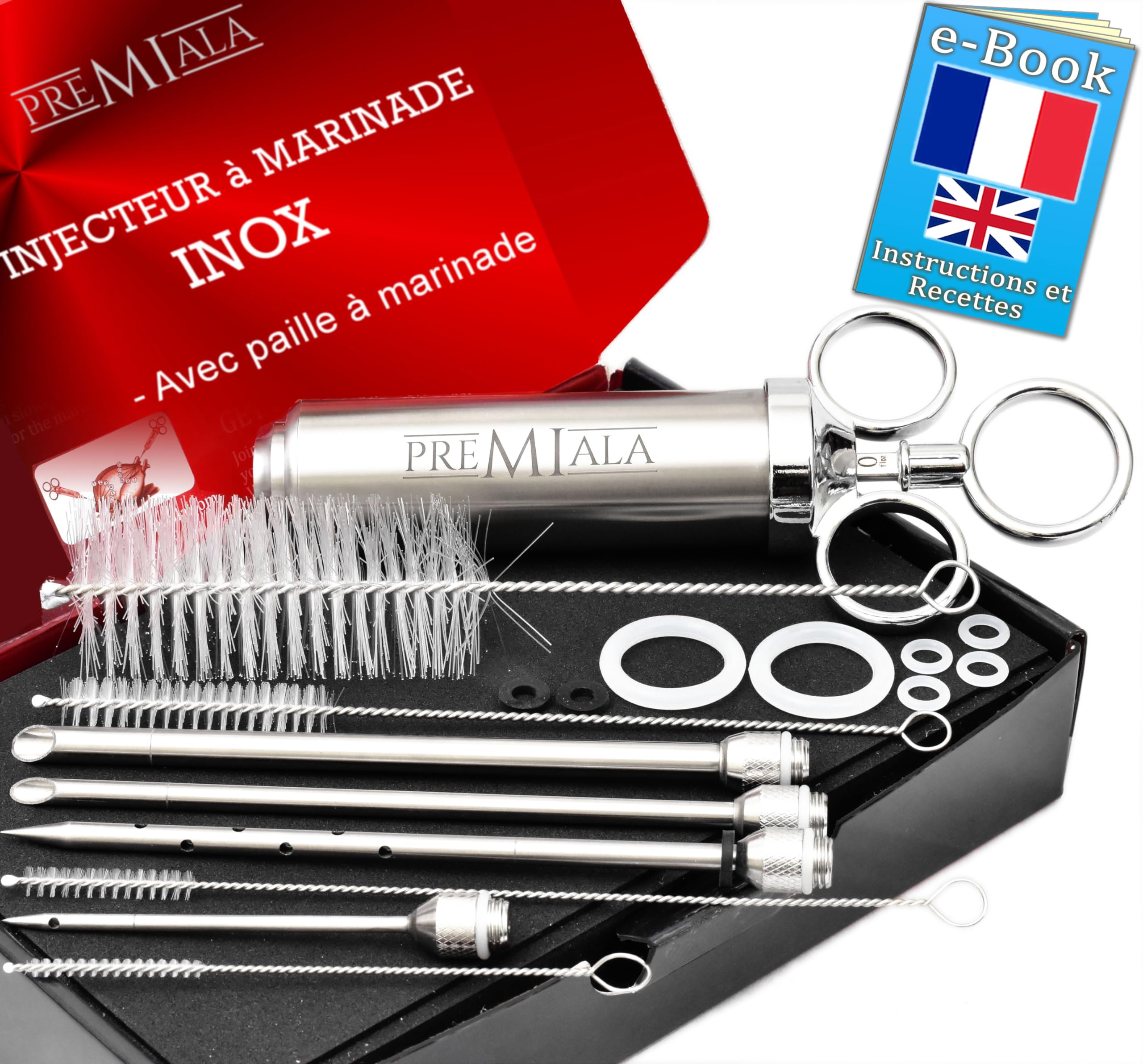 Premiala Injecteur de viande en acier inoxydable 304 – Avec paille à marinade. 4 aiguilles, pièces de Premiala Injecteur de viande en acier inoxydable 304 – Avec paille à marinade. 4 aiguilles, pièces de