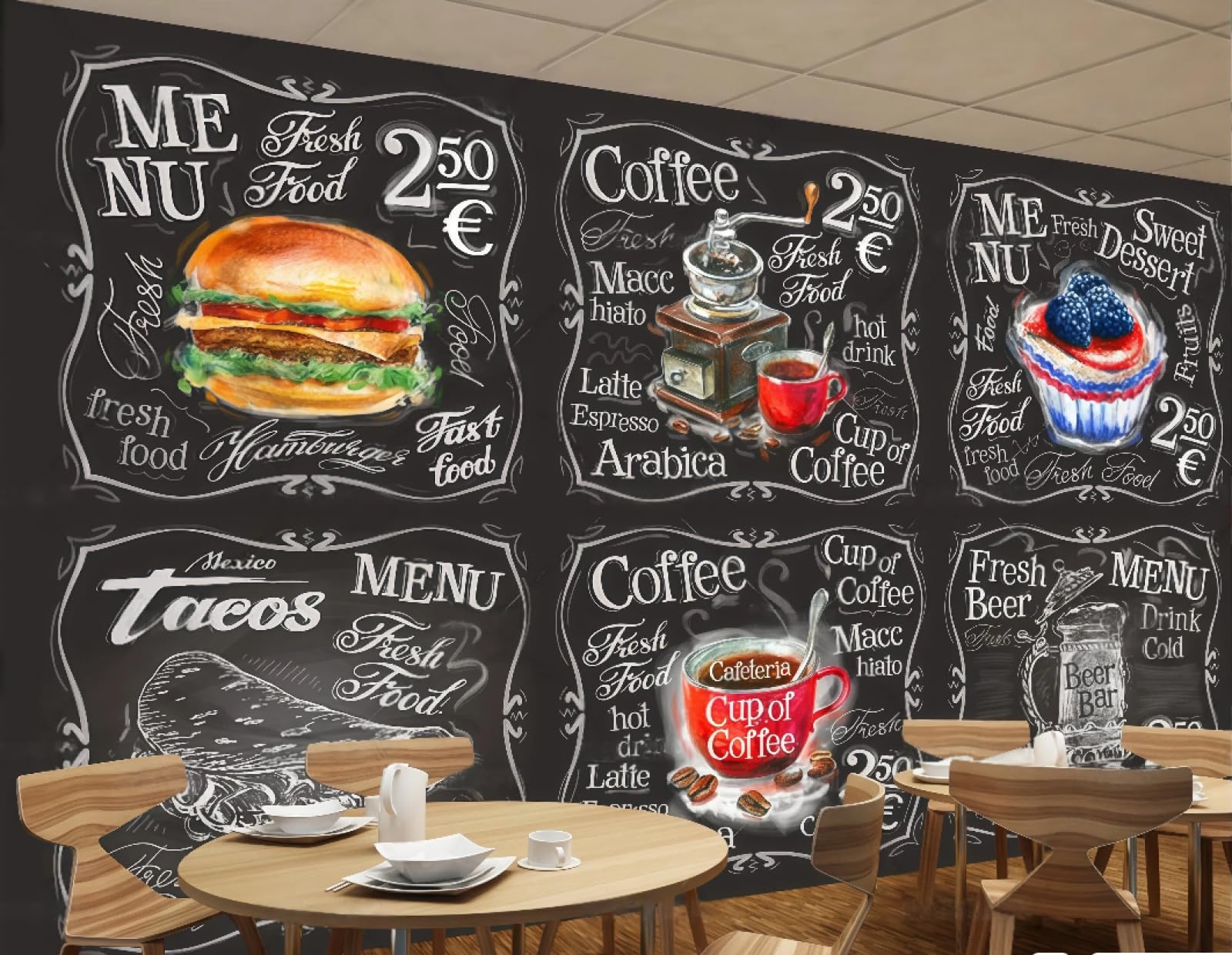 rskjdghshd Wallpaper Blackboard Hand-Painted Chalk Burger Coffee English Alphabet Restaurant Afternoon Tea Dessert Shop Background Wall Western Restaurant Wallpaper Cafe Mural,3D,250x175cm